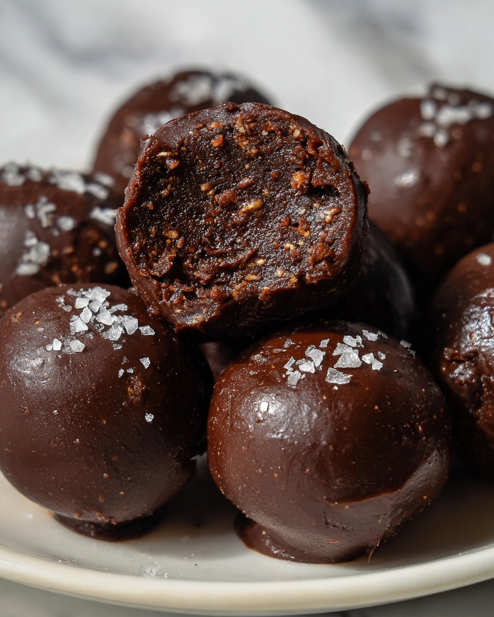 A white plate holds seven round chocolate truffles with a smooth, dark chocolate outer layer, each sprinkled with coarse salt crystals. One truffle is cut in half, showing a dense, textured chocolate filling inside. Behind the plate, there is a small white bowl filled with deep brown cocoa powder and a glass filled with creamy milk on a clear glass saucer. The scene is set on a white marbled surface with bright, natural light casting soft shadows. photo taken with an iphone --ar 4:5 --v 7