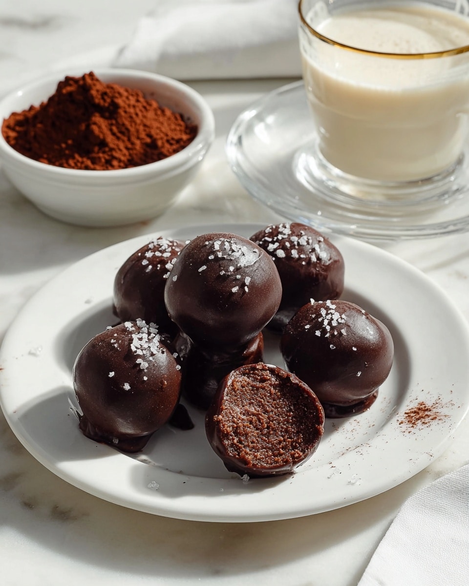 The image shows a close-up of several round chocolate truffles on a white plate with a white marbled surface in the background. Each truffle has a smooth, shiny dark brown outer chocolate layer with a few flakes of sea salt sprinkled on top, adding texture. One truffle is in the center and is bitten into, revealing a rich, dense, and slightly moist interior with a rough texture and small pieces of nuts or grains visible throughout the dark chocolate filling. The truffles are arranged close together, focusing on their glossy surfaces and the detailed inside of the bitten one. Photo taken with an iphone --ar 4:5 --v 7