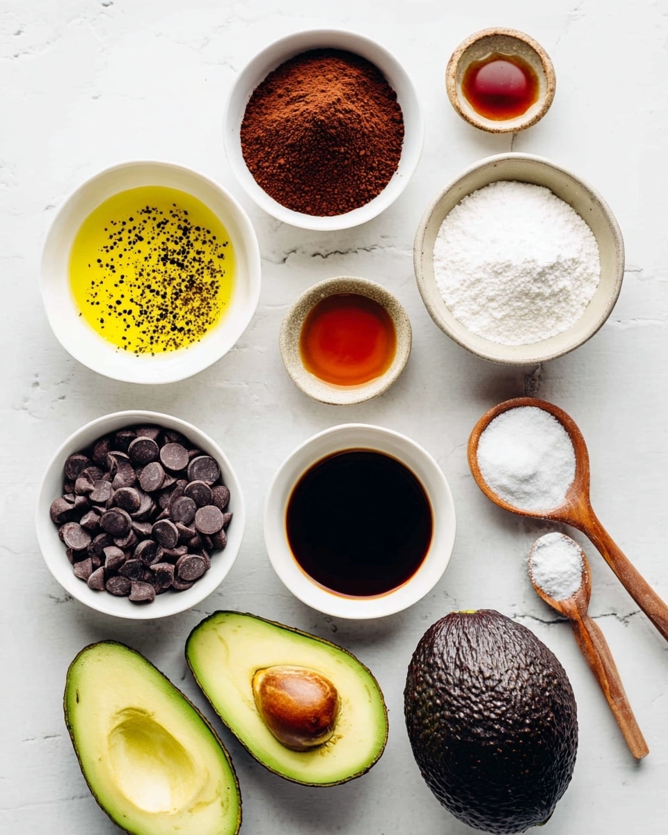 The image shows a flat lay of various ingredient bowls and avocado halves arranged on a white marbled surface. There are nine items: a white bowl with golden yellow oil topped with black specks, a white bowl filled with dark red cocoa powder, a white bowl of white granulated sugar, a bowl with dark brown liquid, a bowl of small dark brown chocolate chips, two avocado halves with green flesh and one seed, a whole avocado with dark textured skin, a wooden spoon with white powder, a wooden scoop filled with white powder, and a small white spoon with a reddish liquid. All bowls and spoons are placed neatly in a grid-like pattern, with the avocado halves near the center. photo taken with an iphone --ar 4:5 --v 7