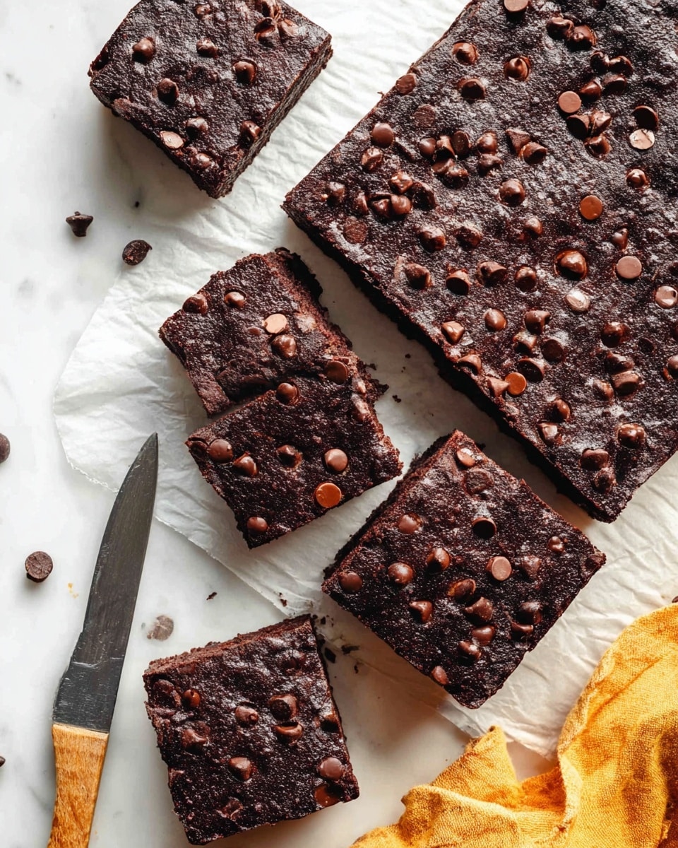 The image shows dark brown brownies cut into squares on a white marbled surface, with one square slightly moved away at the bottom right. The brownies have a shiny, slightly rough top layer with many medium-sized milk chocolate chips scattered evenly across, some partly melted into the surface. The texture looks rich and dense with cracks visible at the edges and between the squares. Photo taken with an iphone --ar 4:5 --v 7