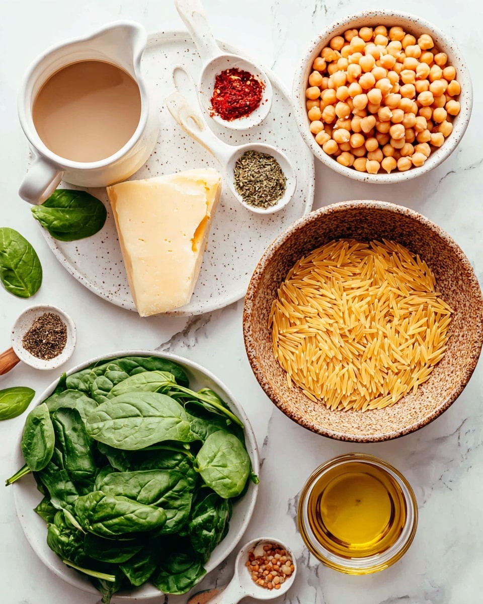 The image shows a flat lay arrangement of ingredients on a white marbled surface. At the center-right, there is a brown speckled bowl filled with raw orzo pasta, with its long, thin, yellow grains visible. Below it to the right is a small beige bowl filled with light orange chickpeas. Below the orzo bowl to the left is a white plate piled with fresh dark green spinach leaves. Above the orzo bowl, a small round white plate holds a large chunk of pale yellow cheese with an orange rind. Nearby, a white measuring cup contains a light brown liquid, and next to it, a speckled white pitcher has a creamy liquid inside. To the left, a white plate holds two white ceramic spoons – one with black pepper, the other with reddish chili powder – two white garlic cloves, a small wooden spoon heaped with dried herbs, and fresh bright green basil leaves. A small cup with golden yellow olive oil is also visible on the left side. photo taken with an iphone --ar 4:5 --v 7