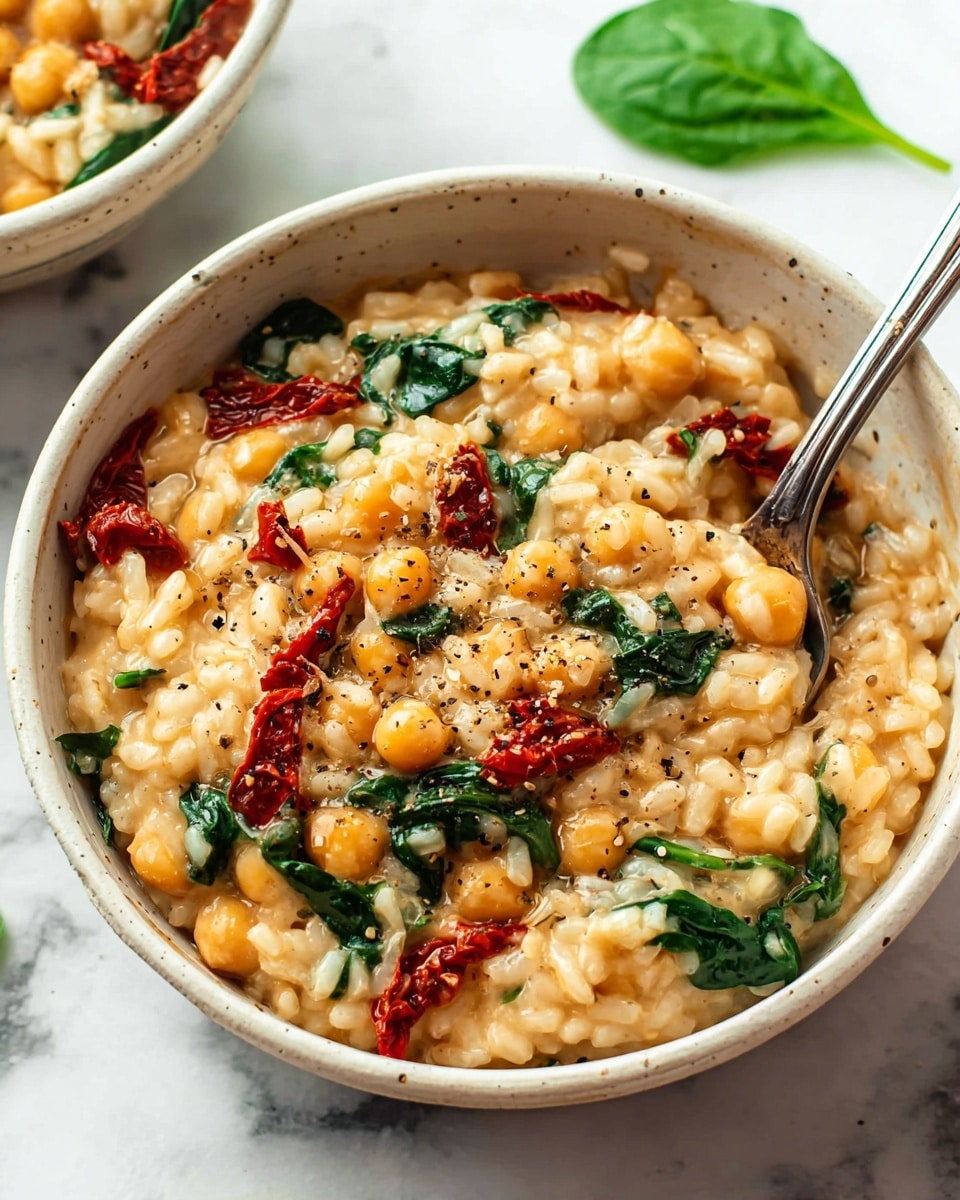 The image shows two round white bowls filled with a creamy rice dish on a white marbled surface. The dish has visible layers of soft, creamy, light beige rice mixed with chickpeas that are light yellow and slightly shiny. Scattered throughout are dark green spinach leaves and bright red sun-dried tomato pieces. Small specks of black pepper are sprinkled on top, adding texture. A woman's hand holds a fork inside the bottom bowl, lifting a small portion of the dish. The overall look is warm, rich, and comforting, with a mix of creamy, green, and red colors. Photo taken with an iphone --ar 4:5 --v 7
