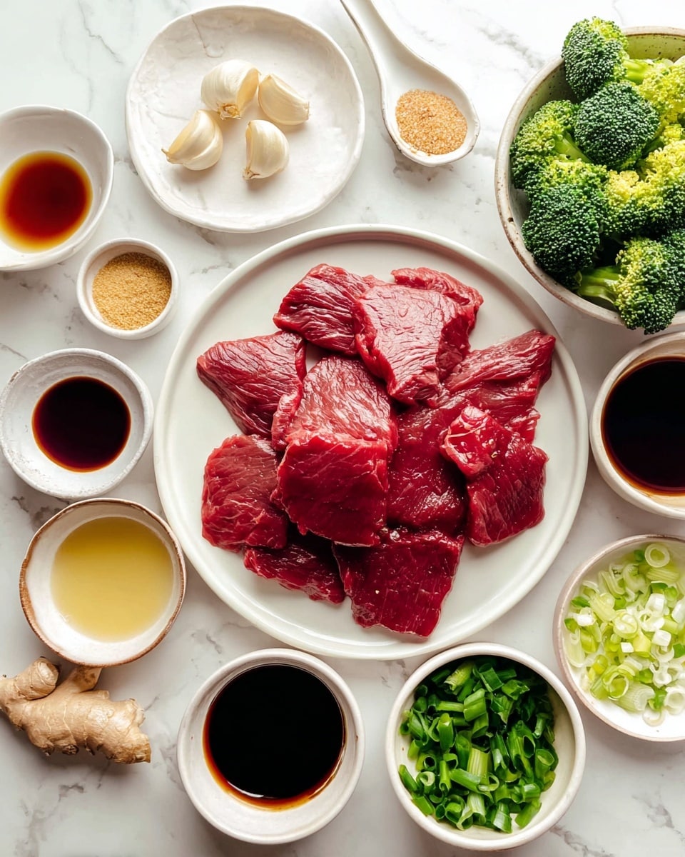 The image shows raw red meat slices placed in the center on a white plate, surrounded by bowls with cooking ingredients arranged neatly on a white marbled surface. To the top left, three garlic cloves lie on a small white plate, next to a white spoon holding light brown powder and a small spoon with dark soy sauce. Near the bottom left is grated ginger and several small bowls with dark sauces and light brown liquid. A bowl on the top right holds bright green broccoli florets, while a smaller bowl on the bottom right is filled with chopped green onions. The ingredients are arranged in a clean, bright setting with simple white ceramics, giving a fresh and organized look. photo taken with an iphone --ar 4:5 --v 7