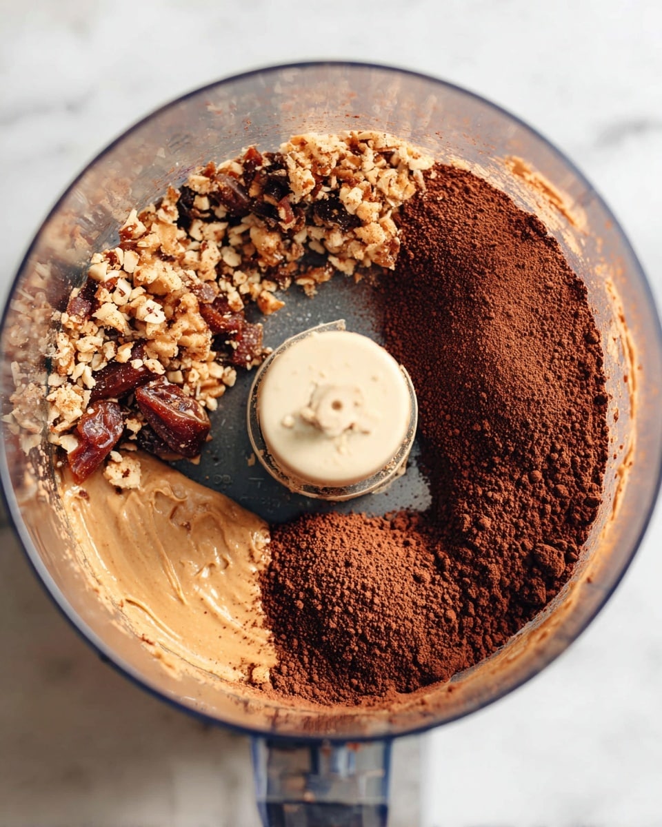 Inside a clear food processor bowl, there are several distinct layers ready to be mixed: around the edges, there is a layer of chopped nuts and dates with a rich brown and light tan color and rough texture; next to this is a smooth, creamy beige layer of nut butter; beside that, a fine, dark brown layer of cocoa powder is spread evenly; and a slightly darker, more powdery mound of cocoa powder sits next to it. The inner part of the bowl shows a mixture of these ingredients, and the top of the food processor blade is visible in the center. The bowl is placed on a white marbled surface. photo taken with an iphone --ar 4:5 --v 7