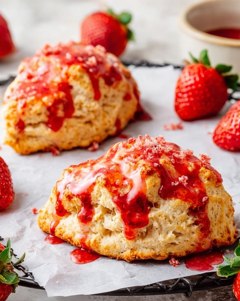 The image shows two golden-brown scones placed on white parchment paper on a black wire cooling rack over a white marbled surface. Each scone is topped with thick, bright red strawberry glaze drizzled unevenly, with small bits of crushed strawberry sprinkled on top, adding texture. Around the scones, there are fresh whole strawberries with green leaves, adding vibrant red and green accents. The scones have a slightly rough, crumbly texture with visible soft layers inside, while the glaze looks smooth and glossy, slowly dripping down the sides. Photo taken with an iphone --ar 4:5 --v 7