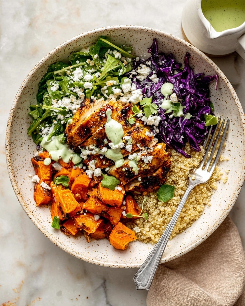 A white speckled bowl contains four main layers arranged in a circle: at the bottom right is a light beige quinoa layer with a soft texture, next to it on the right is a fresh green arugula layer with leafy texture, behind that is a bright purple shredded cabbage layer, and on the left is a pile of roasted orange sweet potato pieces with a slightly crispy look. On top of the quinoa and arugula layers sits a golden brown grilled piece of chicken with a textured, slightly charred surface. Honey is being drizzled over the chicken from above using a wooden honey dipper held by a woman's hand. The bowl is placed on a white marbled surface. photo taken with an iphone --ar 4:5 --v 7