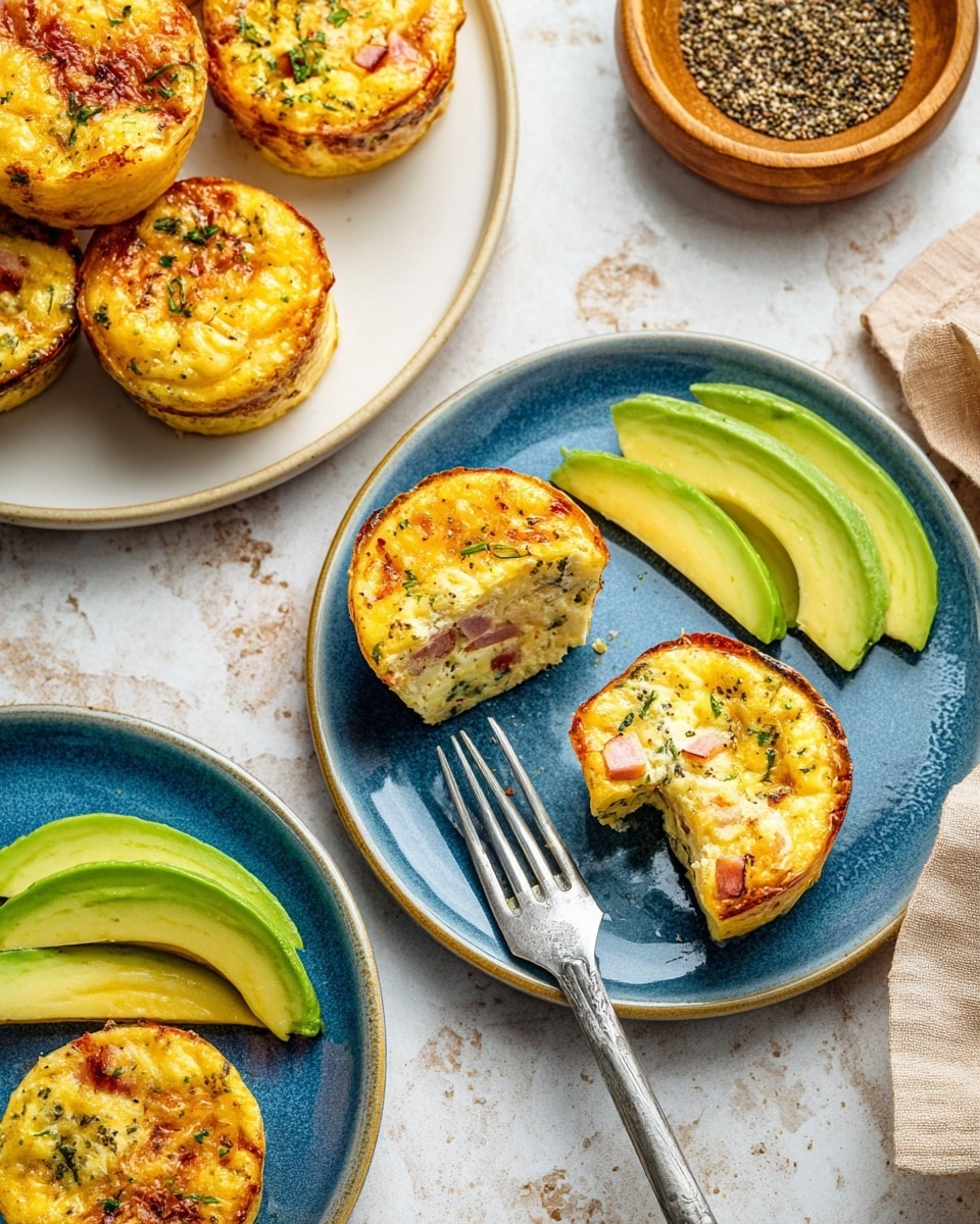 A white plate holds eleven small, round baked egg muffins with a golden-brown top. Each muffin has visible layers of cooked egg mixed with bits of green herbs, red peppers, and melted cheese. The muffins are slightly puffed with a lightly crisp edge, showing a soft texture inside. Some have a darker, more browned top while others look lighter and creamier. The plate rests on a white marbled surface with a blue cloth partially visible at the side. The cooked egg muffins are arranged loosely, some standing upright, others tilted. Photo taken with an iphone --ar 4:5 --v 7
