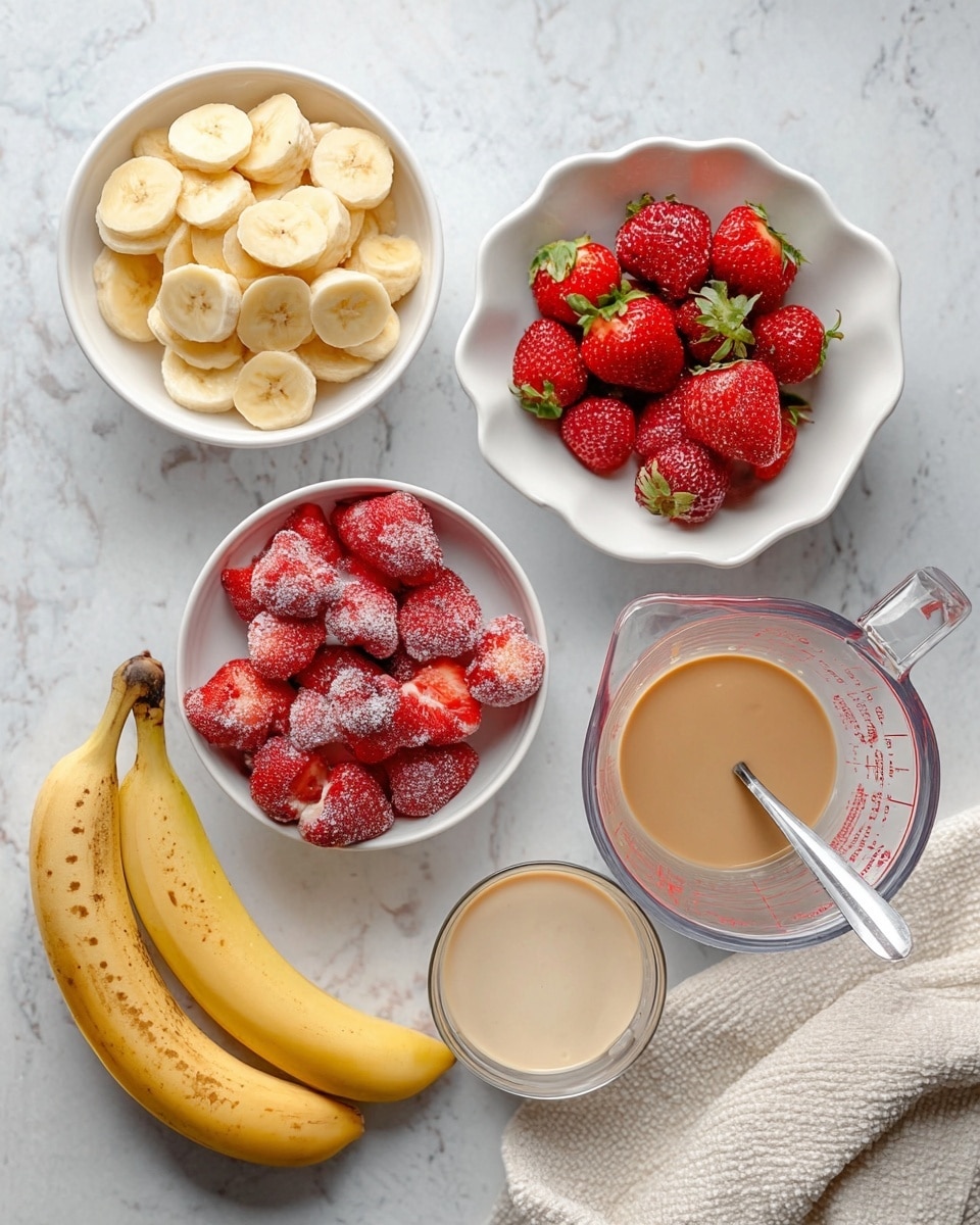 The image shows an overhead view of five containers with different ingredients on a white marbled surface. In the top left, there is a white bowl filled with round slices of yellow banana. To its right, a white scalloped bowl holds whole red strawberries with green tops, and a few strawberries lay scattered next to it. Below the banana slices, a white bowl contains several frozen strawberries covered with frost. To the right of this bowl, a smaller white bowl has a creamy tan liquid with a spoon inside it. At the bottom right, a clear glass measuring cup is filled with a light beige liquid, possibly milk. In the bottom left corner, two whole yellow bananas with brown spots rest partially in view. A textured white cloth peeks in from the bottom right. The arrangement is neat, and all items are clearly visible and vibrant. photo taken with an iphone --ar 4:5 --v 7