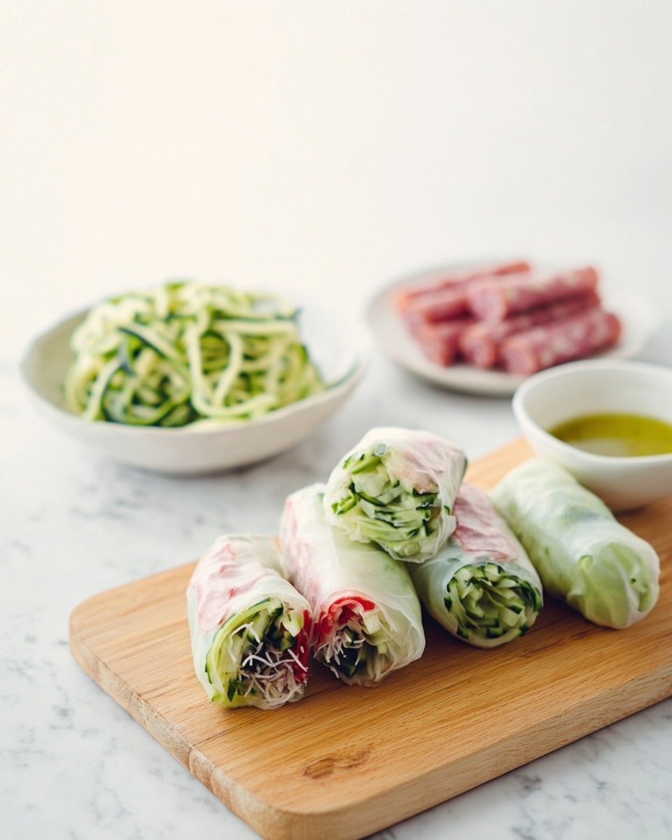 There are four fresh spring rolls on a wooden board, each with translucent white rice paper wrapping showing green cucumber noodles, thin red and pink strips (likely meat or vegetable), and some white and dark bits inside. Behind the board to the left is a white bowl filled with more green cucumber noodles. Further back is a small white plate with several thin pink cured meat sticks stacked. To the right of the plate is a white bowl with a yellow-green dipping sauce. The background is a white marbled surface and the scene is softly lit. Photo taken with an iphone --ar 4:5 --v 7