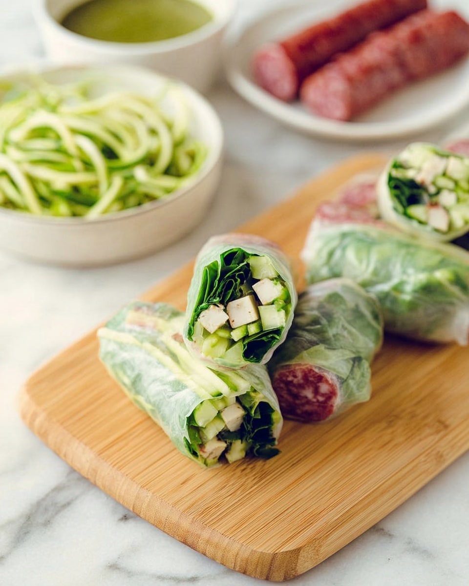 There are three fresh spring rolls on a light brown wooden board. Each roll is wrapped with thin, clear rice paper showing layers inside: green cucumber strips, white tofu cubes, dark green leaf pieces, and small red sausage slices. In the background, there is a white bowl with green sauce and another white bowl with green spiral vegetable noodles. A white plate with red sausage sticks sits slightly out of focus on a white marbled surface. photo taken with an iphone --ar 4:5 --v 7