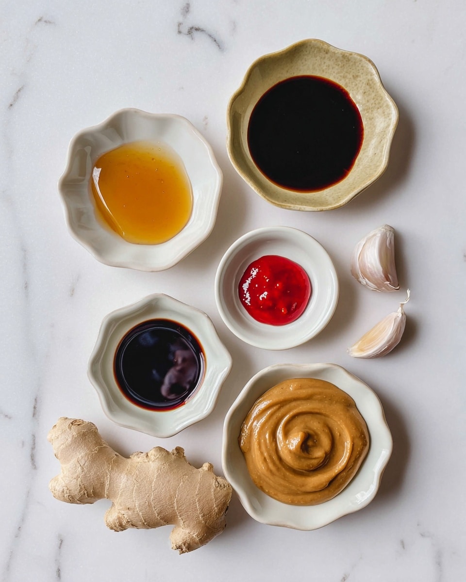The image shows five small white dishes arranged on a white marbled surface, each holding different sauces or pastes. The top left dish has a thin layer of golden brown honey-like liquid, the middle left dish contains a dark brown soy sauce with a glossy texture, and the bottom left dish has a small dollop of bright red chili sauce. On the right side, the middle dish holds a smooth, light brown peanut butter spread, while the bottom right dish contains a thick, dark brown paste. Between the dishes, there is a fresh ginger root and a single garlic clove placed directly on the white marbled surface. photo taken with an iphone --ar 4:5 --v 7
