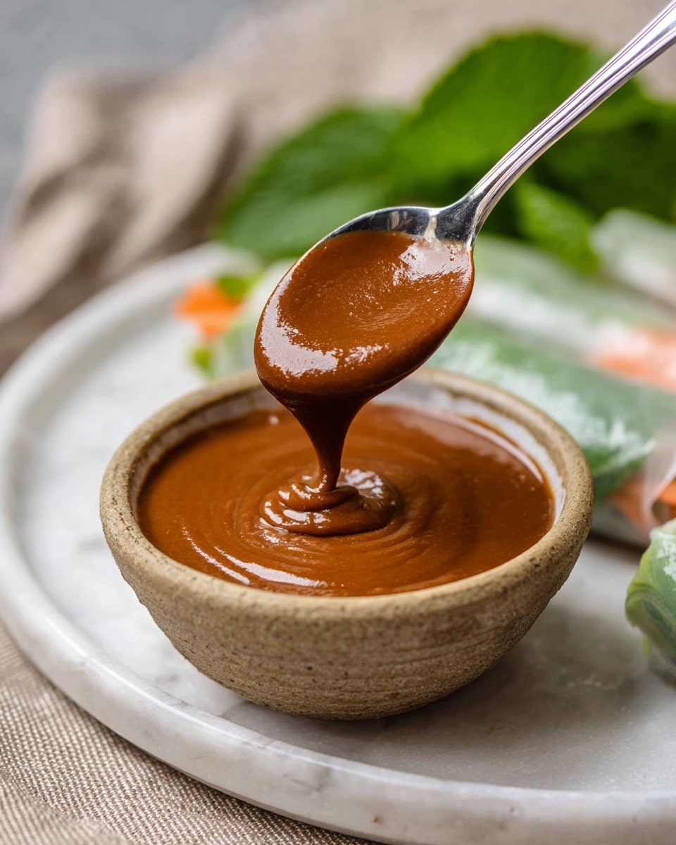A small, round bowl filled with thick, smooth brown sauce sits on a white marbled plate, with the sauce showing a glossy texture. A silver spoon holds a generous amount of the brown sauce above the bowl, with some of it dripping back inside, creating swirls on the surface. In the background, there is a soft blur of green leaves and light-colored edges of fresh spring rolls, adding a fresh contrast to the rich sauce. The setting is simple with a neutral cloth underneath the plate, highlighting the rich, creamy sauce in the rustic bowl. photo taken with an iphone --ar 4:5 --v 7