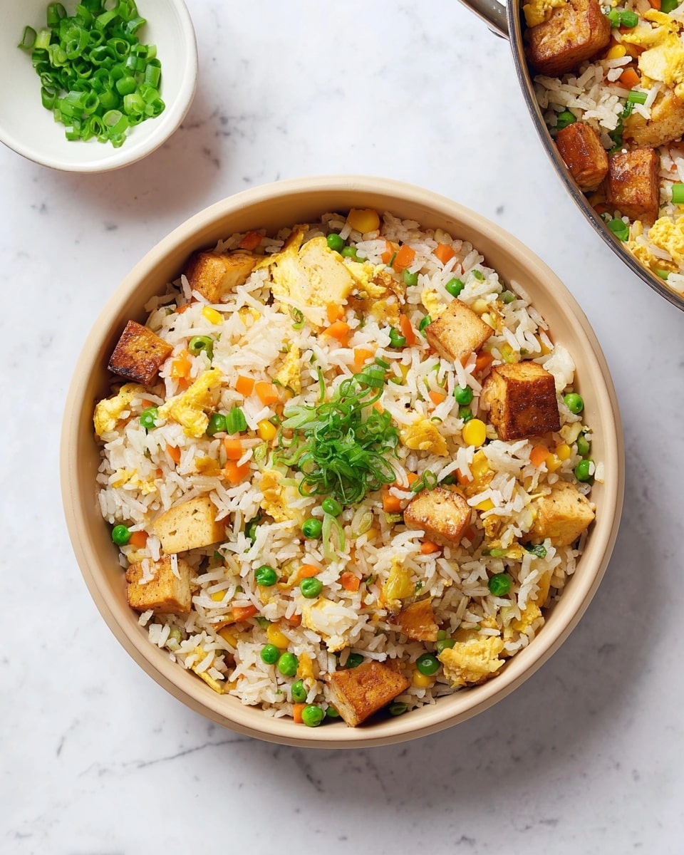 The image shows a large, shiny pan filled with fried rice that has several layers of white rice mixed with small orange carrot pieces, bright green peas, and bits of yellow corn. There are golden-brown tofu cubes scattered throughout, adding texture, and soft scrambled egg pieces are mixed in evenly. Small green onion slices are sprinkled on top for a fresh look. The pan rests on a white marbled surface, and beside it, there is a small white bowl with green onion slices. The photo taken with an iphone --ar 4:5 --v 7
