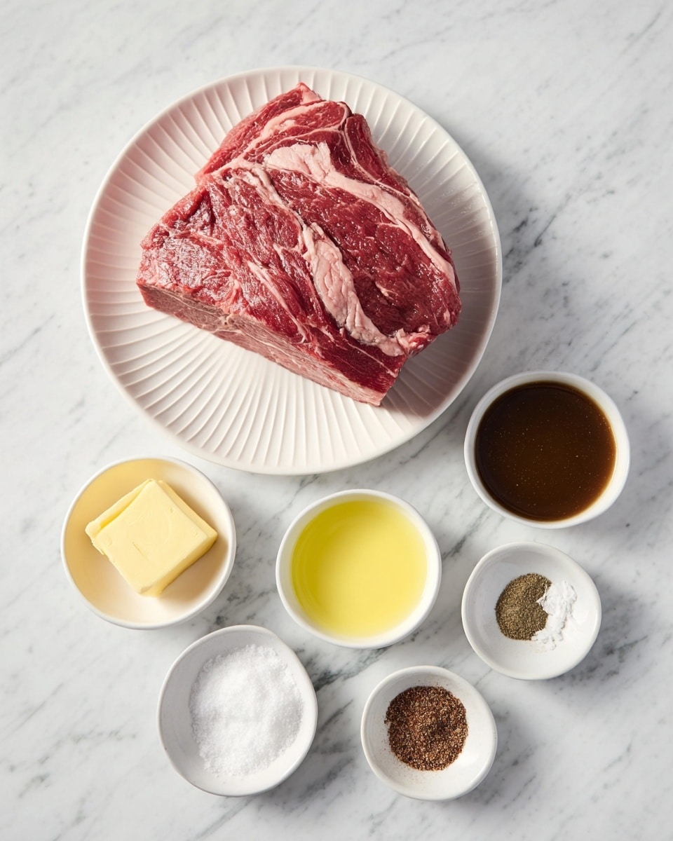 A large piece of raw red meat with white fat marbling sits on a white plate with subtle ridges, positioned on a white marbled surface. Around it, six small white bowls or dishes hold different ingredients: a dark brown thick sauce in one bowl to the right, a clear light yellow liquid below it, melted yellow butter next to that, white powder in another small bowl below the meat, a pile of coarse white salt above it, and a ground dark brown spice below the salt. The arrangement is neat and the lighting is soft, showing the colors and textures clearly. photo taken with an iphone --ar 4:5 --v 7