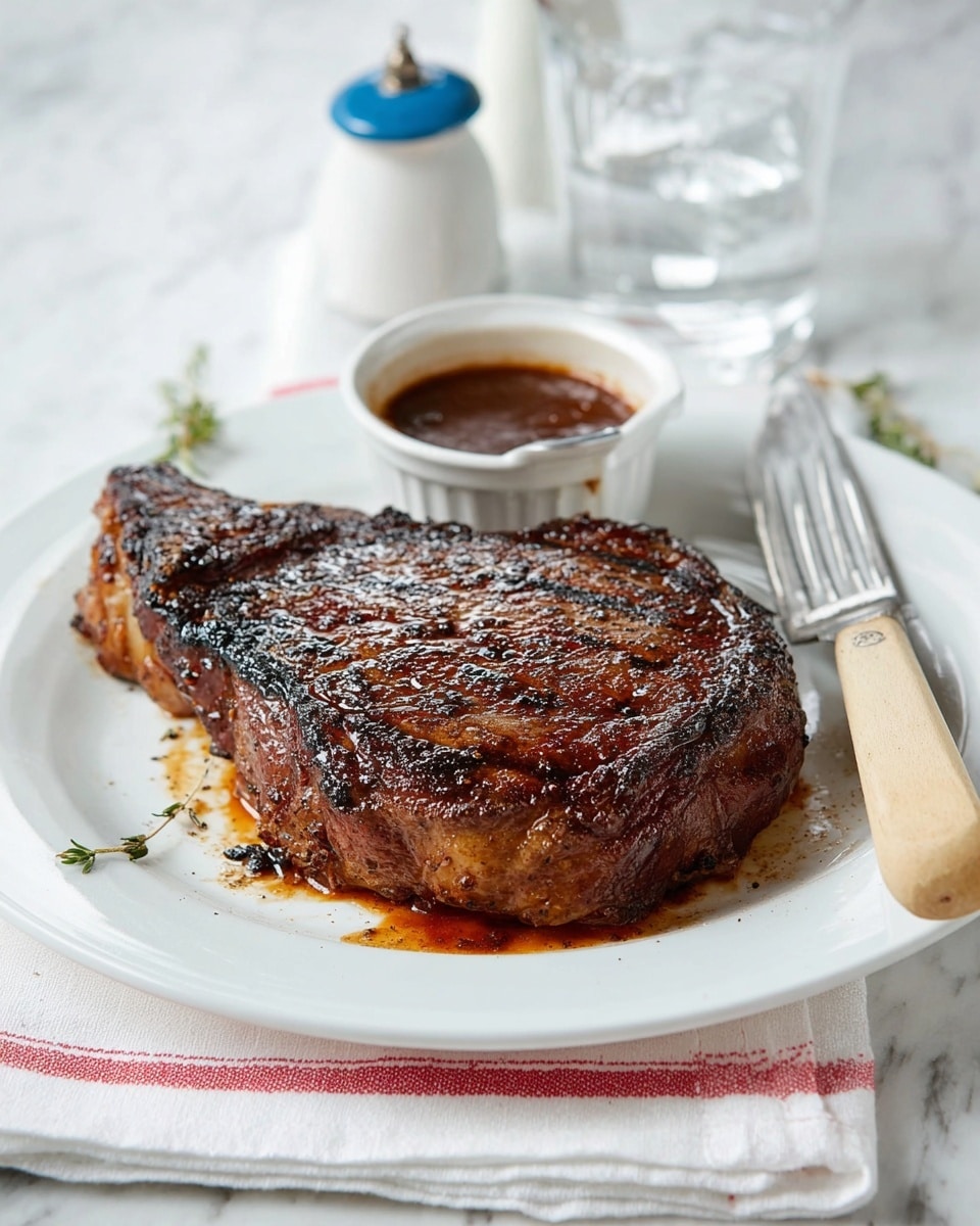 A thick piece of cooked meat with a charred brown outside and pink inside sits on a large white plate. Around the thick piece, there are several slices of the same meat, showing a gradient from brown edges to pink centers, arranged in a curve. In front of the meat slices, there is a small white scalloped bowl filled with dark brown sauce, placed on the plate. The plate is set on a white cloth with red stripes on a white marbled surface. In the background, there is a clear glass and a white container with a blue rim. A wooden-handled knife lies next to the plate. photo taken with an iphone --ar 4:5 --v 7