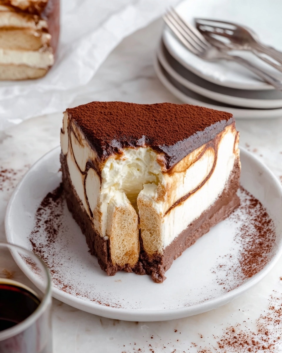 This image shows a round chocolate cheesecake with two clear layers: the thick dark brown chocolate base and a thick white cream layer on top. The cream is softly swirled and dusted with a generous layer of cocoa powder, creating a rich brown pattern. The cake sits on a white marble plate which has a light dusting of cocoa powder around the edges. In the blurry background, there is a glass of dark coffee, white plates with two forks on top, and parts of a milk bottle and white napkin on a white marbled table. The photo taken with an iphone --ar 4:5 --v 7