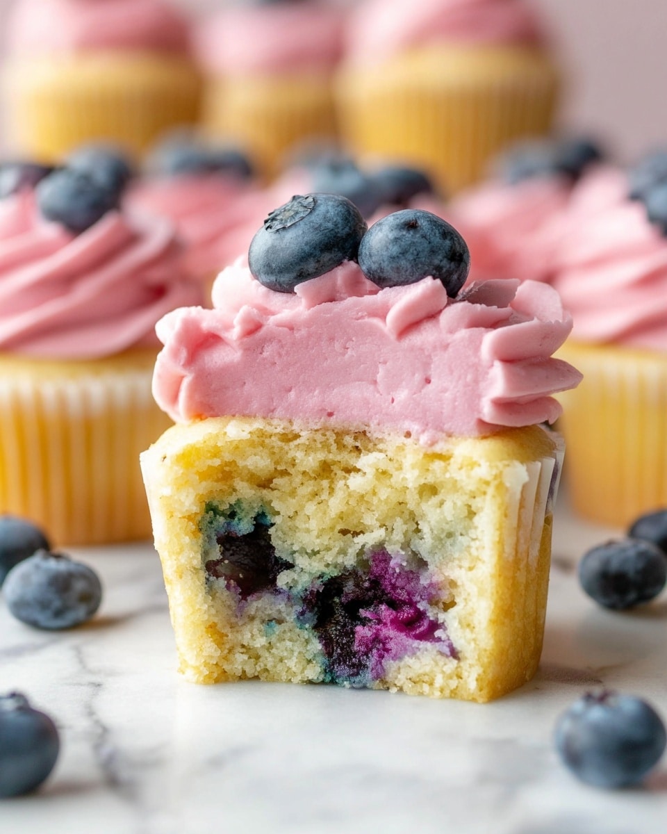 The image shows several yellow cupcakes with visible blueberries inside the cake layer, each topped with a thick swirl of smooth pink frosting. On top of the frosting, there are three fresh blueberries arranged neatly. The cupcakes sit on a round white plate placed on a white marbled surface. Scattered fresh blueberries can also be seen on the surface around the plate. The colors are soft and fresh, with the pink frosting and deep blue blueberries standing out against the pale yellow cake and white background. Photo taken with an iphone --ar 4:5 --v 7