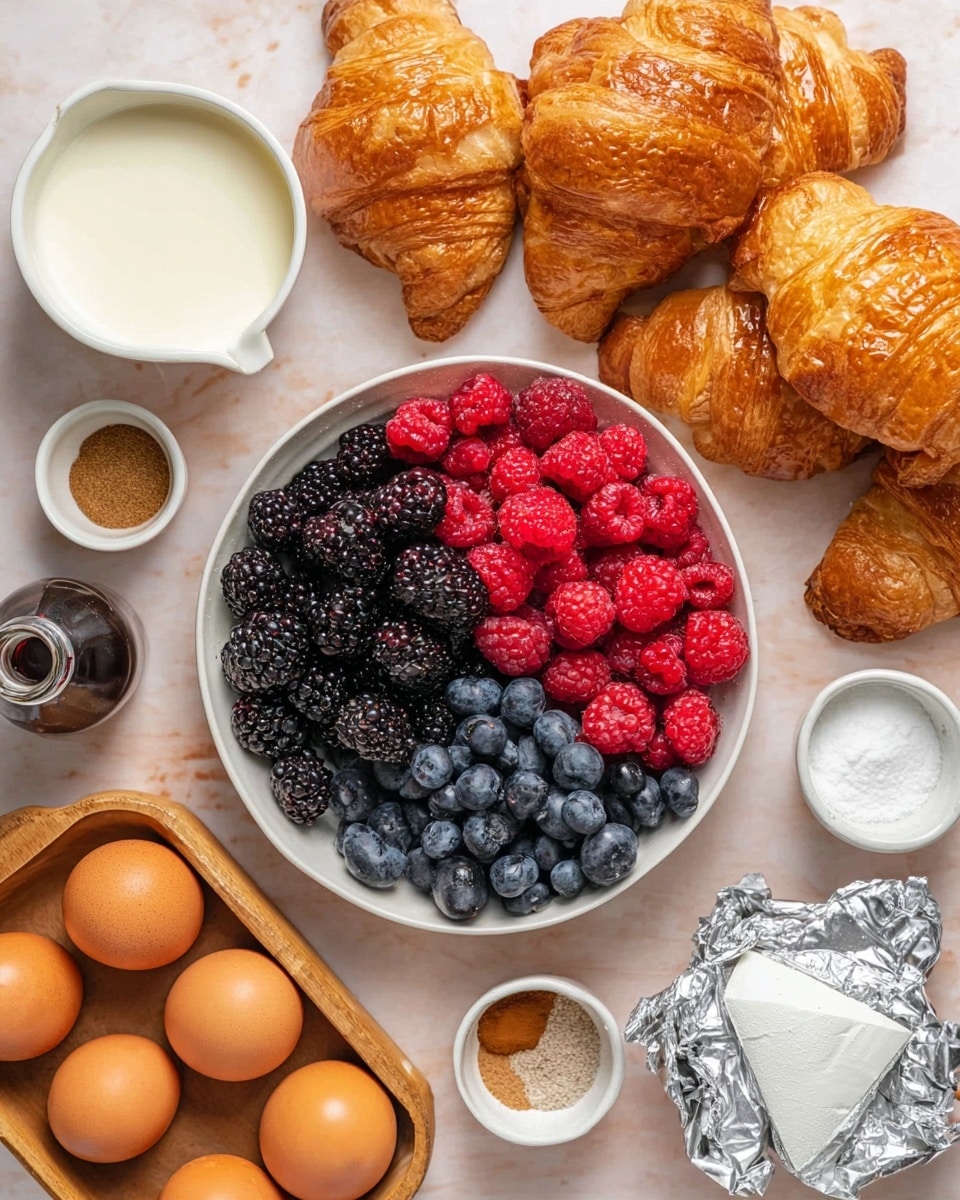 A white round bowl holds a colorful berry bread pudding with three visible layers: a golden-brown baked bread base with crispy edges, a middle layer of soft, soaked bread mixed with syrup, and a top layer covered in whole blackberries, raspberries, and blueberries dusted lightly with powdered sugar, adding vibrant reds, deep purples, and blues to the warm textured dessert; a fork with a white handle rests inside the bowl with a small piece of the pudding on its prongs, and the dish is placed on a white marbled surface with a pink cloth visible under one side photo taken with an iphone --ar 4:5 --v 7
