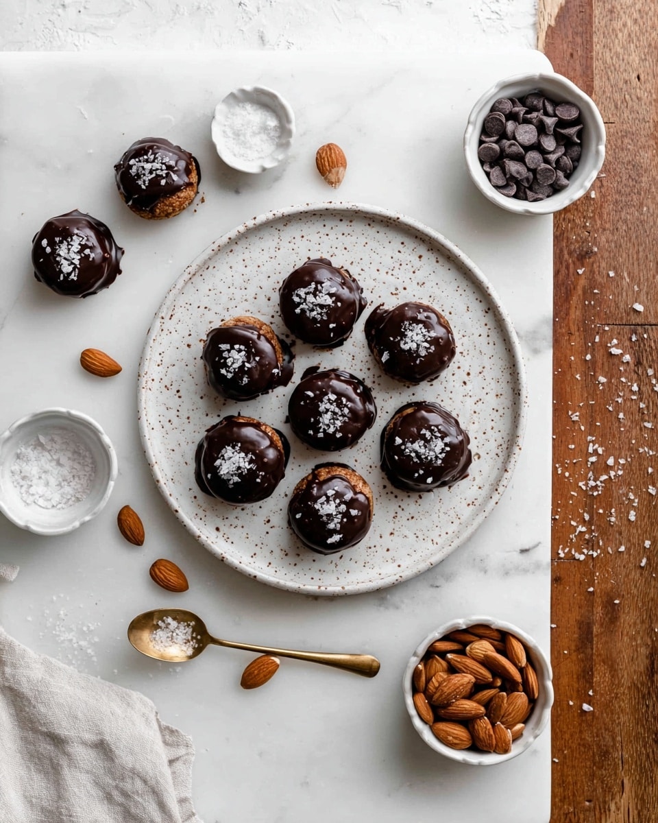 The image shows six small round balls on a speckled white plate with circular grooves. Each ball has a rough, light brown base layer that looks crumbly and textured. The top half of each ball is dipped in smooth, dark brown chocolate, slightly dripping down the sides. On top of the chocolate layer, white flaky salt is sprinkled, adding a contrast in color and texture. The plate is placed on a white marbled surface with parts of another white bowl and plate seen at the edges. Photo taken with an iphone --ar 4:5 --v 7