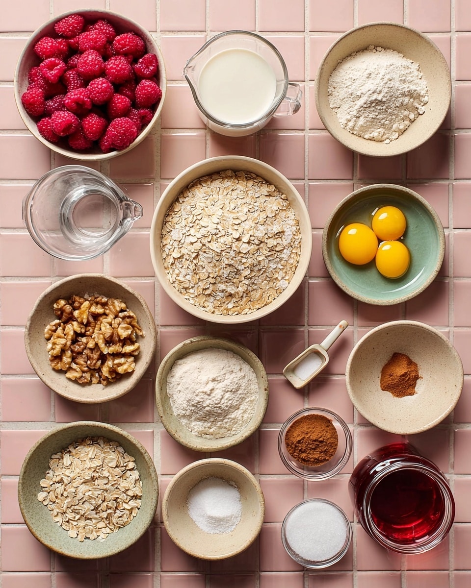 The image shows a group of muffins with a crumbly oat topping placed on a golden wire cooling rack over a white marbled surface. Each muffin consists of a brown base layer with visible bits of raspberry baked inside, and a thick, textured crumb topping made of oats and brown sugar, giving a rough, uneven look on top. Bright red raspberries are scattered around the muffins, adding vibrant spots of color among the warm brown tones. In the corner, part of a white bowl filled with chopped nuts is visible. The overall scene is warm and inviting with a mix of soft muffin texture and crunchy topping. Photo taken with an iphone --ar 4:5 --v 7