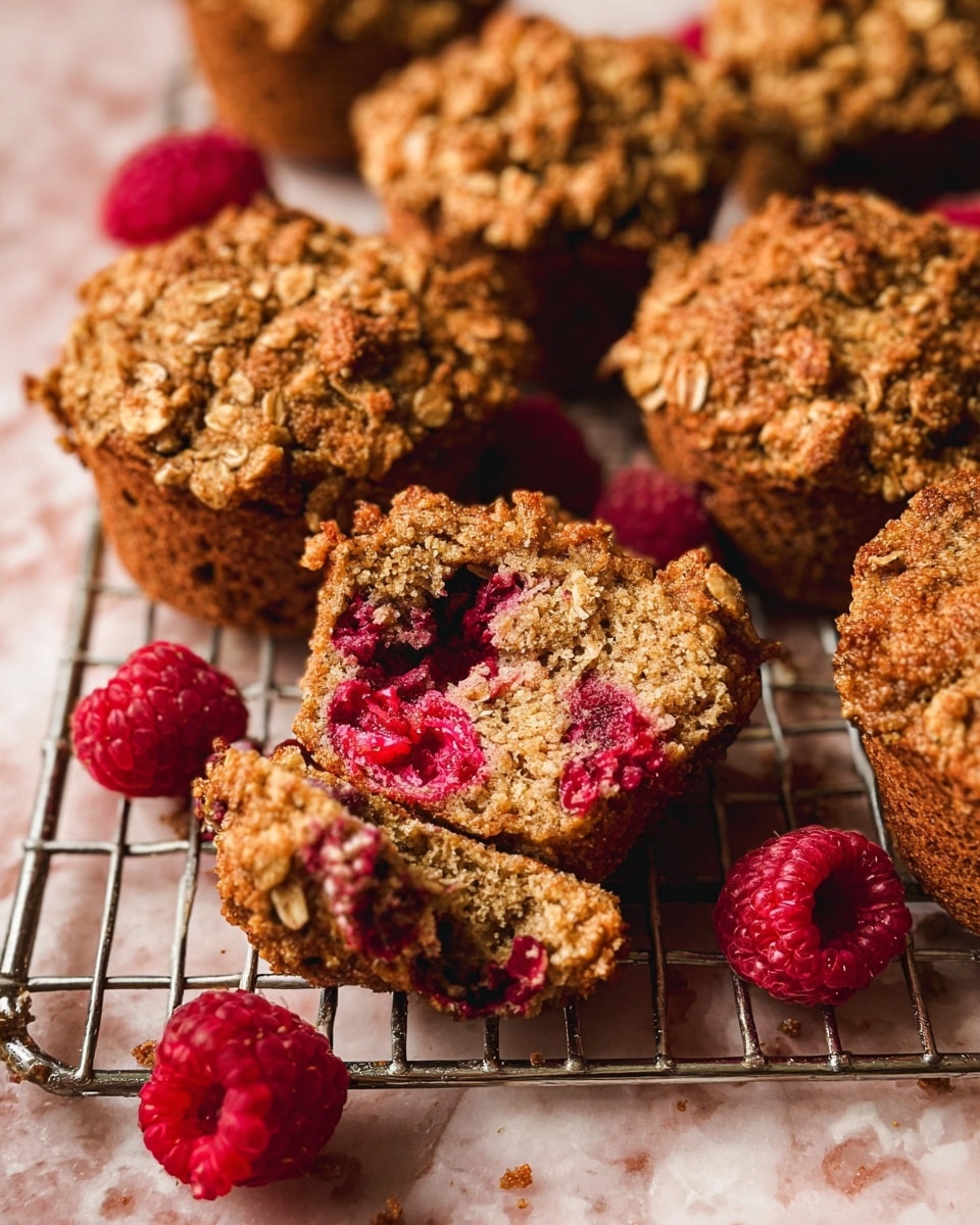 The image shows several crumb-topped muffins arranged on a metal cooling rack over a white marbled surface. Each muffin has a rough, crumbly golden-brown top with oat flakes visible, while the sides are a darker brown. One muffin is broken in half in the center, revealing a moist inside filled with bright red raspberries and small specks of other ingredients. Around the muffins, fresh raspberries are scattered on the surface. The overall color palette includes warm browns and vivid reds, creating a rustic and inviting look. Photo taken with an iphone --ar 4:5 --v 7