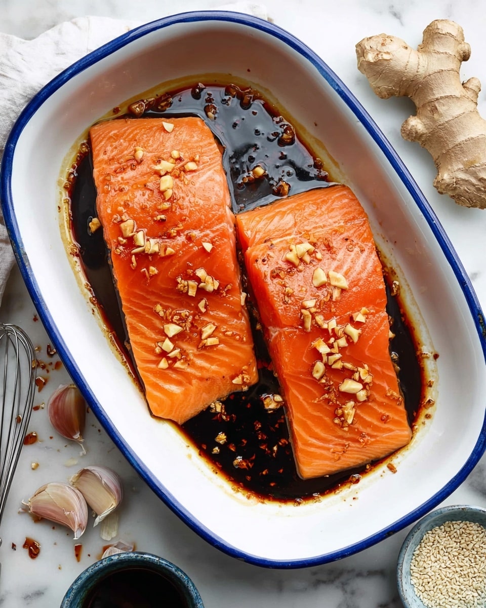 Two raw salmon fillets with a bright orange color and smooth texture are placed side by side in a white oval baking dish with a blue rim. The fillets are covered lightly with small pieces of chopped garlic and ginger scattered across the top. A dark soy sauce marinade pools around the base of the fish inside the dish. The dish sits on a white marbled surface with scattered garlic cloves, fresh ginger root, a small bowl of white sesame seeds, and a whisk resting in a small bowl of soy sauce nearby. Photo taken with an iphone --ar 4:5 --v 7