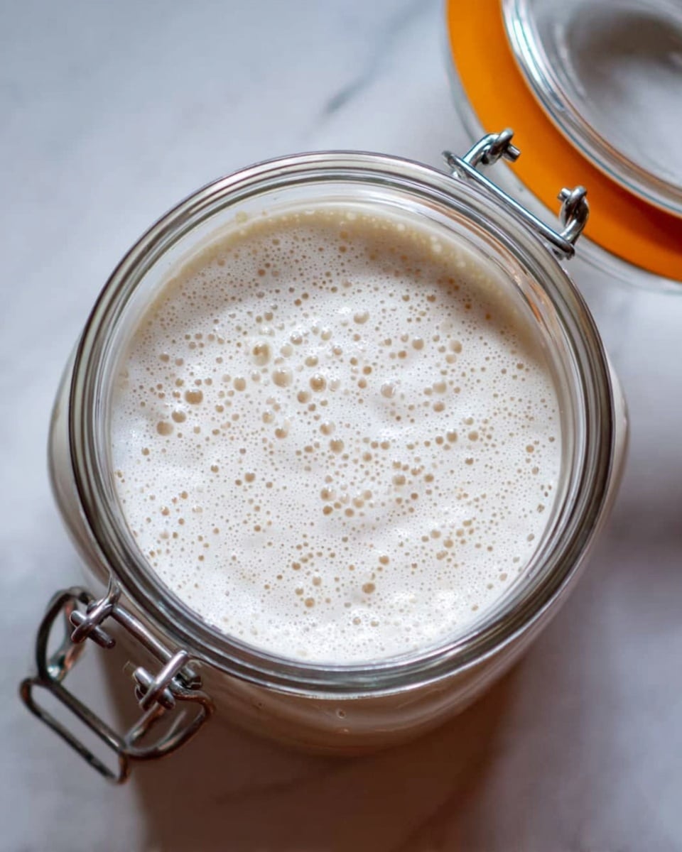 A close-up view of a glass jar filled to the top with a thick, bubbly white mixture that has small and medium air bubbles evenly spread over the surface. The jar has a metal clasp and an orange seal, and the lid is open resting to the right side of the jar. The jar sits on a white marbled surface with soft, natural lighting highlighting the texture of the mixture and the glass. photo taken with an iphone --ar 4:5 --v 7