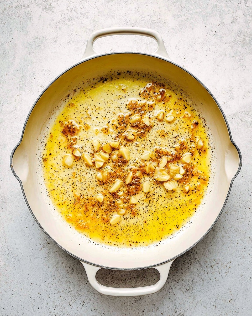 A white round pan with two handles is shown from above on a white marbled texture. Inside the pan is one main layer of bright yellow-orange oil spread evenly. Scattered on top of the oil are small brown onion pieces with a slightly crispy texture. There is a light sprinkle of black ground pepper spread all over the ingredients in the pan. photo taken with an iphone --ar 4:5 --v 7