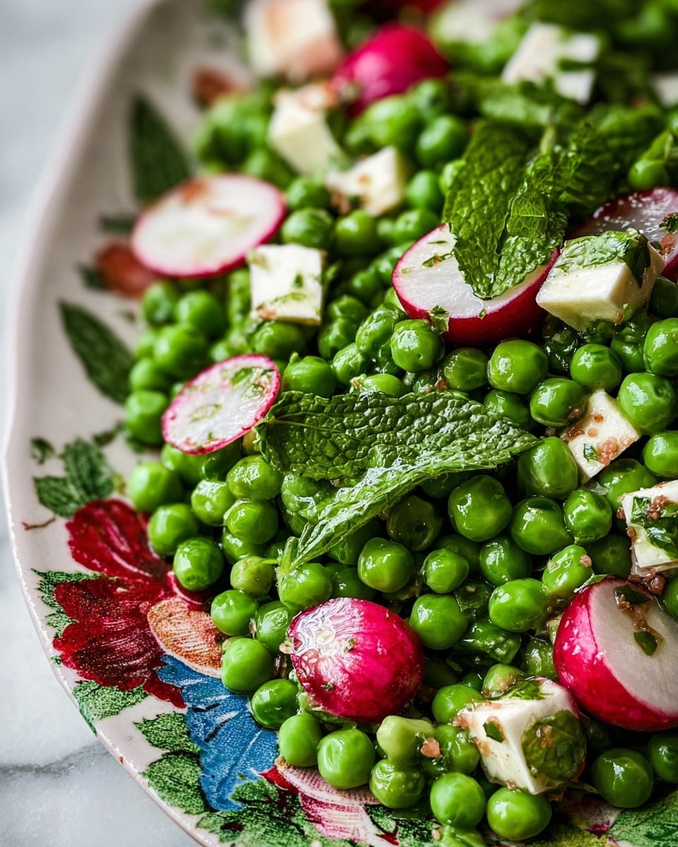 A large white floral-patterned plate holds a fresh green pea salad mixed with thin, round slices of red-edged radishes scattered evenly throughout. Small mint leaves are placed on top, adding bright green color. White cheese crumbles and small chopped herbs are sprinkled over the salad, giving a textured look. A detailed silver spoon rests on the right side of the plate, partially inside the salad, mixing the layers. The plate is set on a white marbled surface. photo taken with an iphone --ar 4:5 --v 7