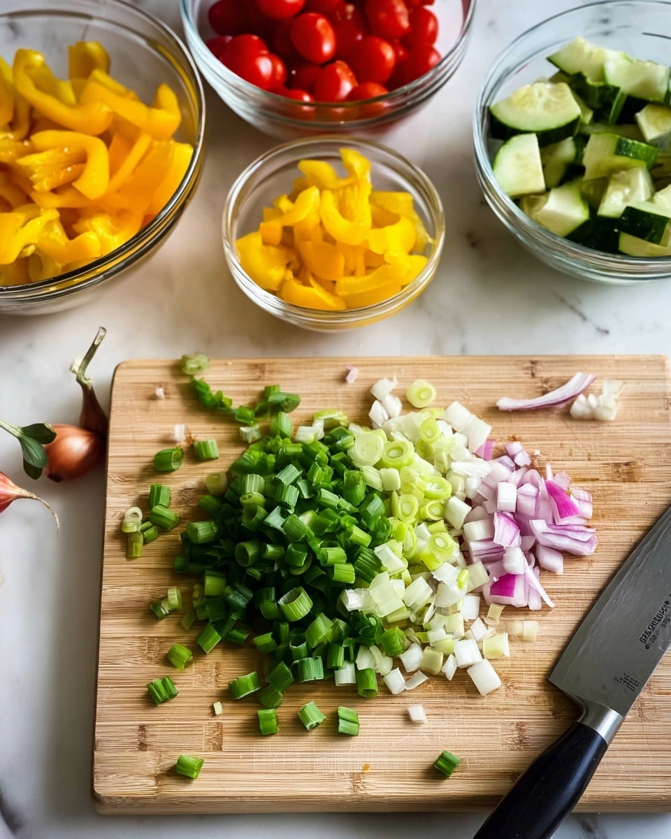 A wooden cutting board sits on a white marbled surface with chopped green onions spread across it in different sizes; the darker green pieces are on the left while the lighter white pieces are on the right with roots still attached on the far right. Behind the board, there are four clear glass bowls, each with different chopped vegetables: bright yellow bell peppers on the left, green cucumbers in the middle, red cherry tomatoes on the right, and chopped red onions next to the tomatoes. A large knife with a black and white handle rests on the top right corner of the cutting board. Small pieces of red onion and bell pepper are scattered around the board and surface. Photo taken with an iphone --ar 4:5 --v 7