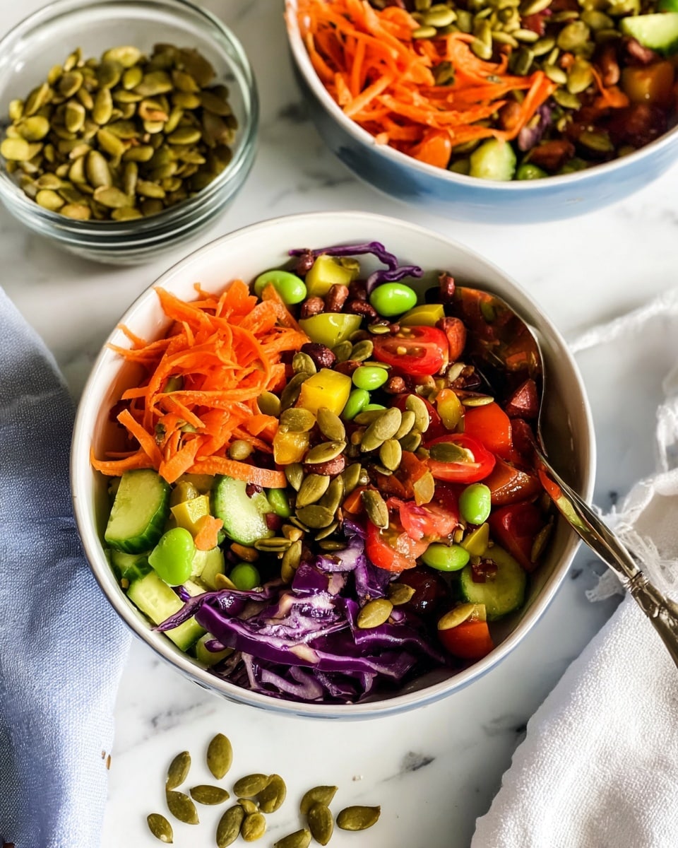 Two white bowls filled with a colorful salad are shown on a white marbled surface. The salad has many layers starting with a base of orange shredded carrots mixed with chunks of green cucumber and red cherry tomatoes. There are also pieces of yellow bell pepper, dark red kidney beans, green edamame, and sliced purple cabbage mixed in. On top, green pumpkin seeds are sprinkled evenly, adding texture. A silver spoon is resting inside the closer bowl. A small clear glass bowl filled with more pumpkin seeds is placed nearby. A white cloth is partially visible under the bowls. photo taken with an iphone --ar 4:5 --v 7