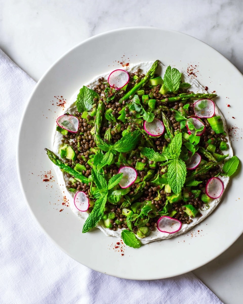 A white plate on a white marbled surface holds a fresh, colorful salad with three main layers. The bottom layer is a thick, smooth spread of white creamy sauce smeared in a circle with small red spice flakes sprinkled on top and around the edges. On top of this is a layer of dark green lentils, forming a bed for the final layer of bright fresh vegetables like green asparagus pieces, sliced radishes with white centers and red edges, snap peas, and various green leaves including mint, arranged loosely and naturally. The salad looks fresh, healthy, and vibrant with a mix of smooth, crunchy, and leafy textures. Photo taken with an iphone --ar 4:5 --v 7