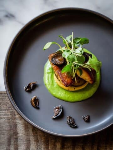 Seared Steelhead Trout with Truffled Pea Sauce, Crispy Potatoes, and Sautéed Mushrooms Recipe