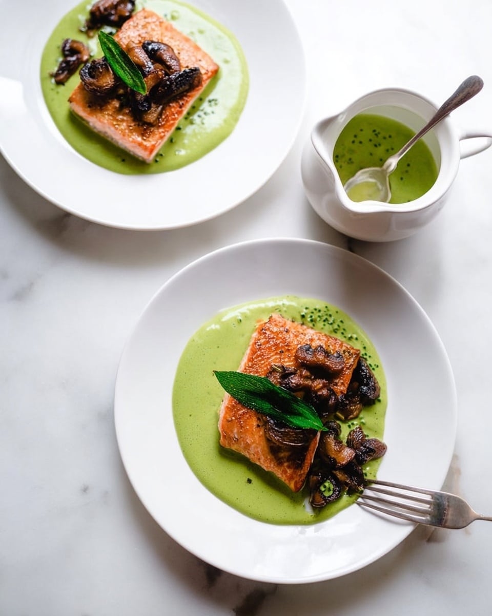 A white plate with a swirl of bright green sauce spread in the center forms the base layer. On top of the sauce, there is a layer of small round yellow potatoes. Above the potatoes sits a square piece of browned fish with a crispy texture. The fish is topped with dark brown mushrooms and a small bunch of fresh green microgreens, adding a light, leafy texture at the very top. A few mushrooms also sit on the white marbled surface around the plate. photo taken with an iphone --ar 4:5 --v 7