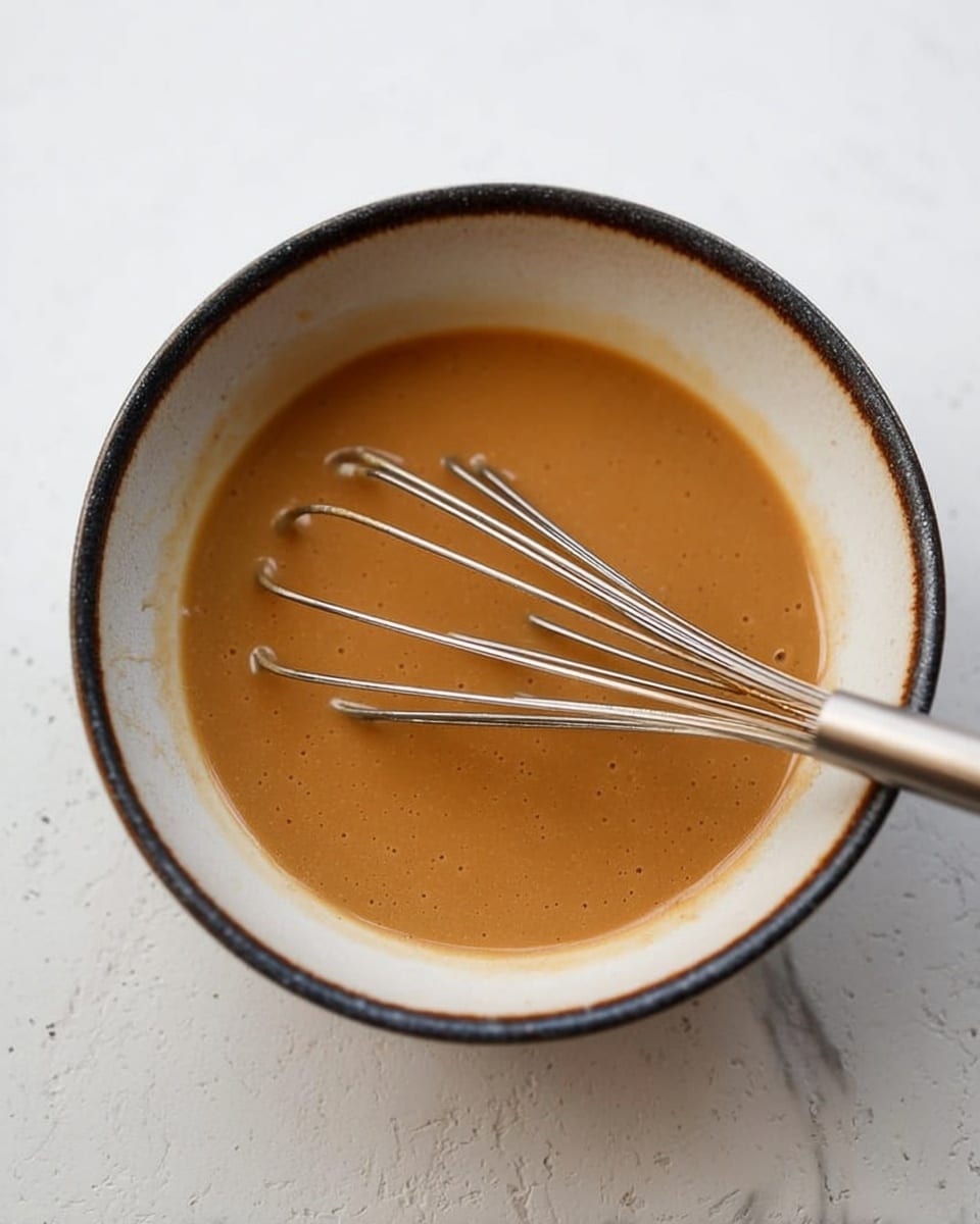 A white bowl with a black rim holds a smooth light brown sauce or dressing. Inside the bowl is a small metal whisk resting on the surface of the sauce. The bowl is placed on a white marbled surface, and the sauce has a creamy texture with tiny bubbles visible on top. photo taken with an iphone --ar 4:5 --v 7