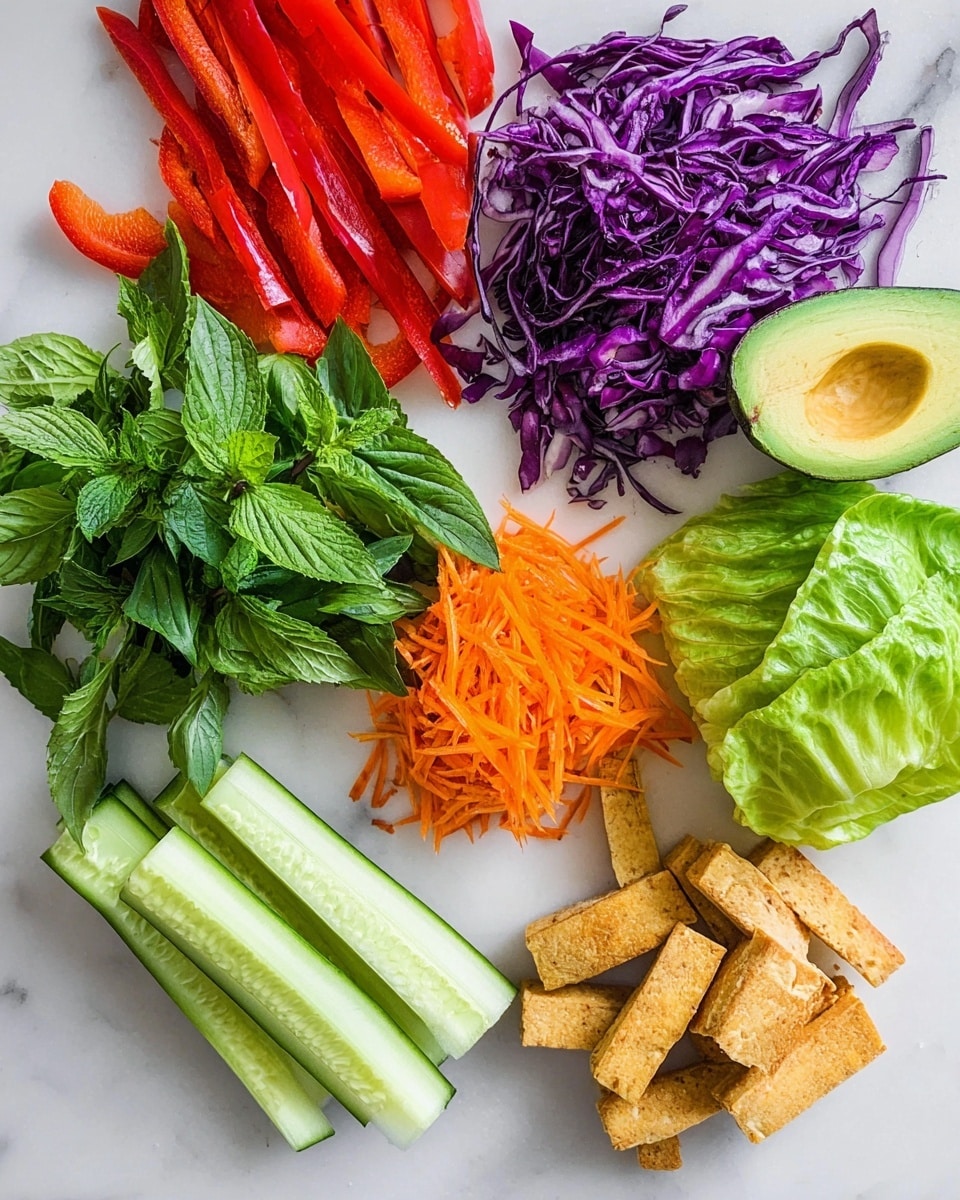 The image shows a white marbled surface with several fresh ingredients arranged in loose groups. At the top left are thin strips of red bell pepper, next to a pile of shredded deep purple cabbage on the upper middle. Near the center right, there are bunches of fresh green herbs including basil and mint with visible stems. Below and slightly left, there is a small stack of thin golden-brown tofu strips. On the left side is a large, bright green leaf of lettuce. Beneath the lettuce is a small pile of thin, shredded bright orange carrots. In the bottom left corner, long green cucumber sticks are grouped together. At the bottom right corner, two halves of an avocado are placed, one showing the seed and the other showing the light green flesh. photo taken with an iphone --ar 4:5 --v 7