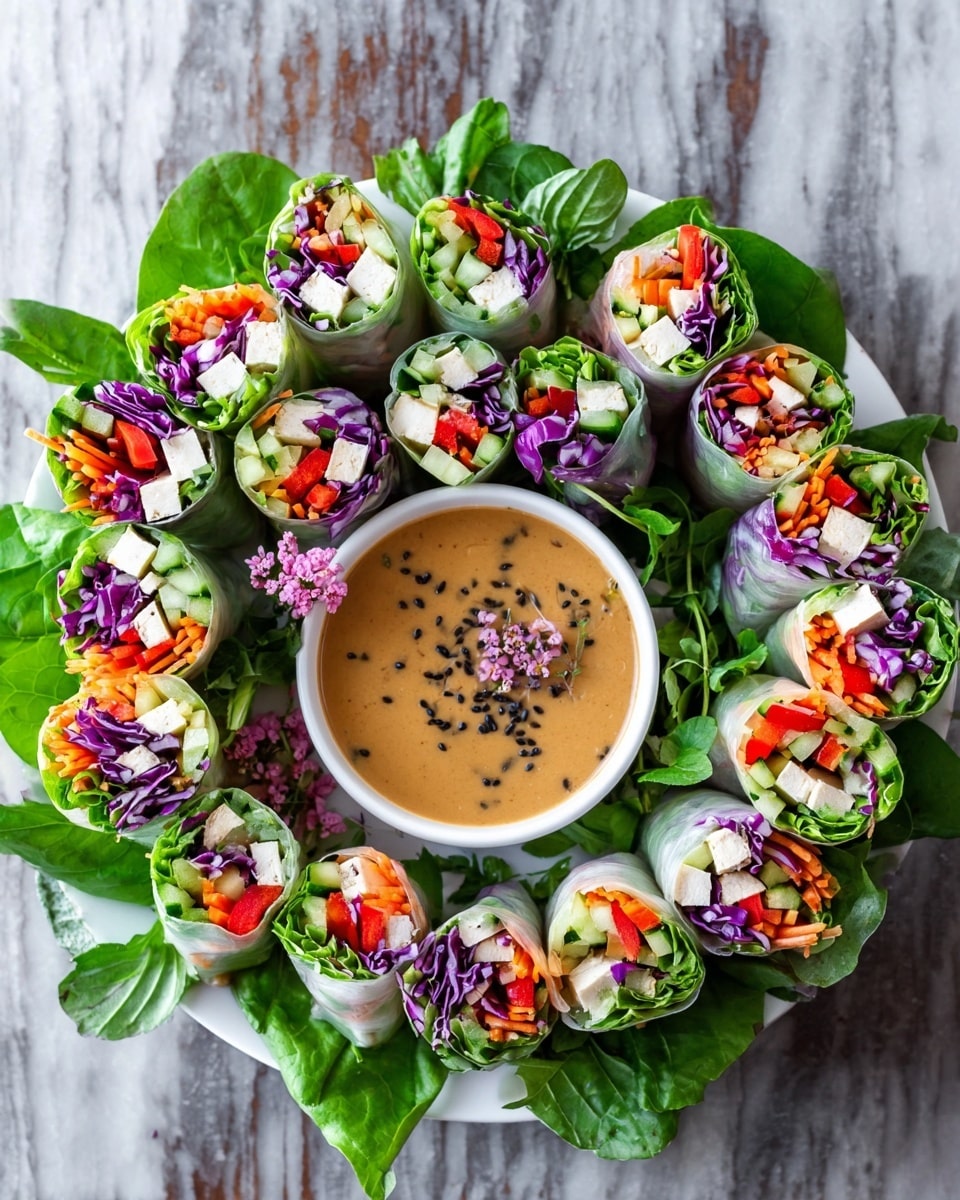 A white round plate filled with fresh spring rolls arranged in a circle around a bowl of dipping sauce in the center. Each spring roll has a clear rice paper outside showing layers of green leafy lettuce, orange carrot sticks, purple cabbage, red pepper strips, green cucumber slices, and white tofu cubes with a slightly golden brown edge. The inside colors are bright and vibrant, with the green lettuce leaves peeking out from the top of each roll. The bowl in the middle contains smooth light brown dipping sauce topped with small black sesame seeds and tiny purple flower petals. The plate is presented on a white marbled texture surface. Photo taken with an iphone --ar 4:5 --v 7