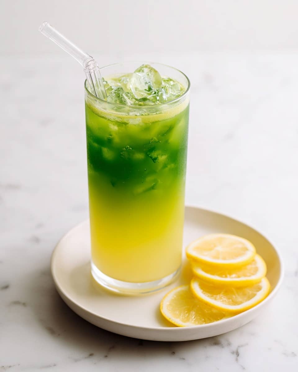 A tall clear glass filled with a two-layer cold drink stands in the center. The bottom layer is a light yellow liquid, smooth and bright, while the top layer is a dark green drink. There are clear ice cubes floating in the green layer with a clear glass straw placed inside. The glass is on a white plate with three thin slices of bright yellow lemon on the right side. The whole scene sits on a white marbled surface with a soft, bright background. photo taken with an iphone --ar 4:5 --v 7