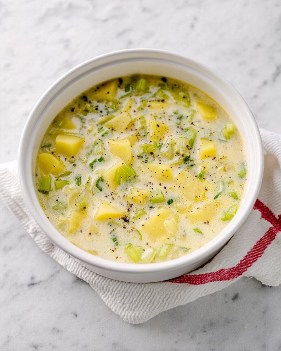 A white pot with handles holds a creamy soup full of light yellow potato pieces, small bits of green celery, and specks of dark herbs evenly spread throughout. The soup has a thick, smooth texture with visible layers of diced vegetables mixed in a pale broth. The pot rests on a white cloth with a red stripe, all placed on a white marbled surface. photo taken with an iphone --ar 4:5 --v 7