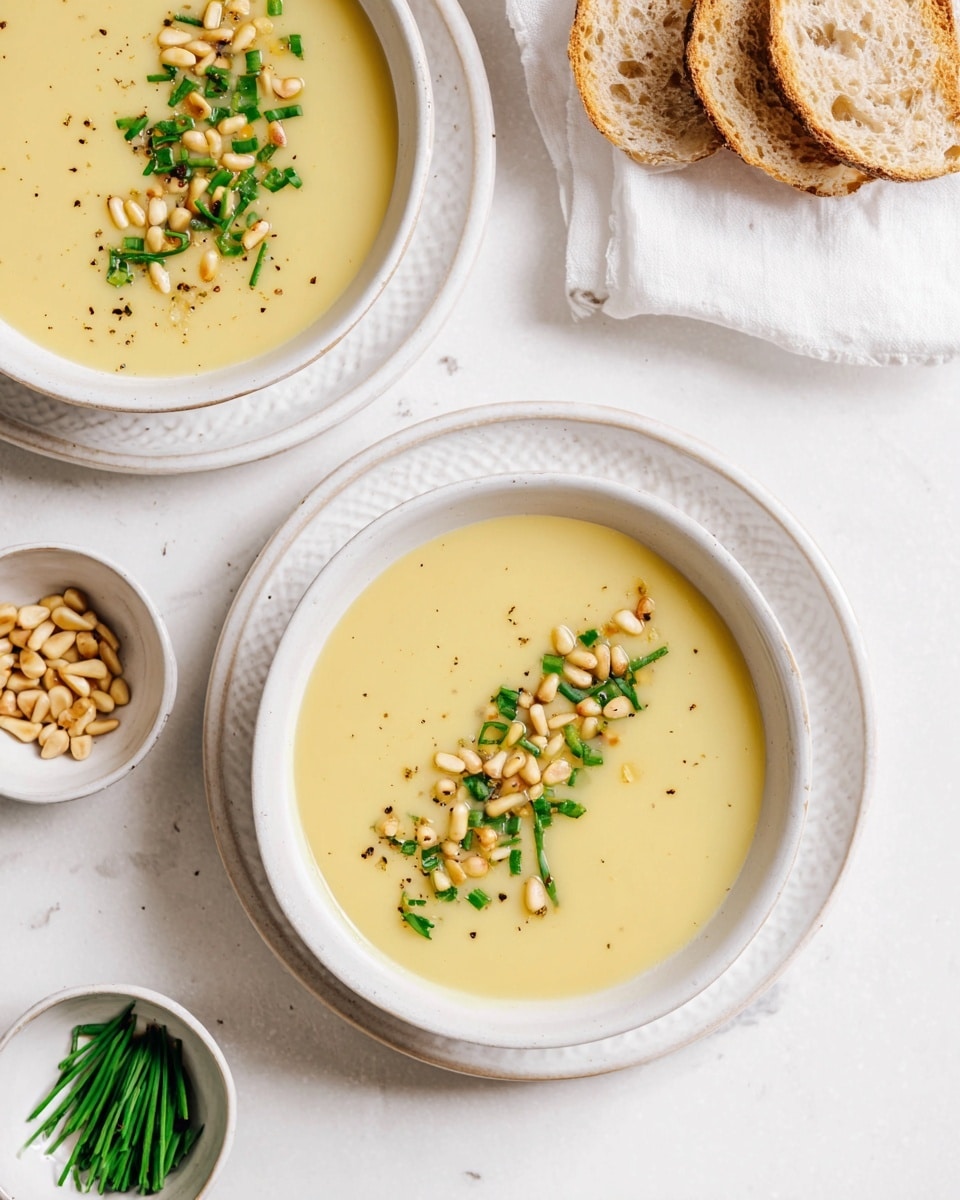 The image shows two white bowls of light yellow soup placed on a white marbled surface. Each bowl of soup is smooth in texture with a topping of small golden toasted pine nuts and finely chopped green chives, arranged in a small pile towards one side of the bowl. One bowl is set on a white textured plate, while the other bowl rests directly on the surface with a silver spoon inside it. Nearby, there are two small white dishes, one filled with more toasted pine nuts and the other with extra chopped chives. At the top right corner, some slices of light brown bread rest on a white cloth. photo taken with an iphone --ar 4:5 --v 7
