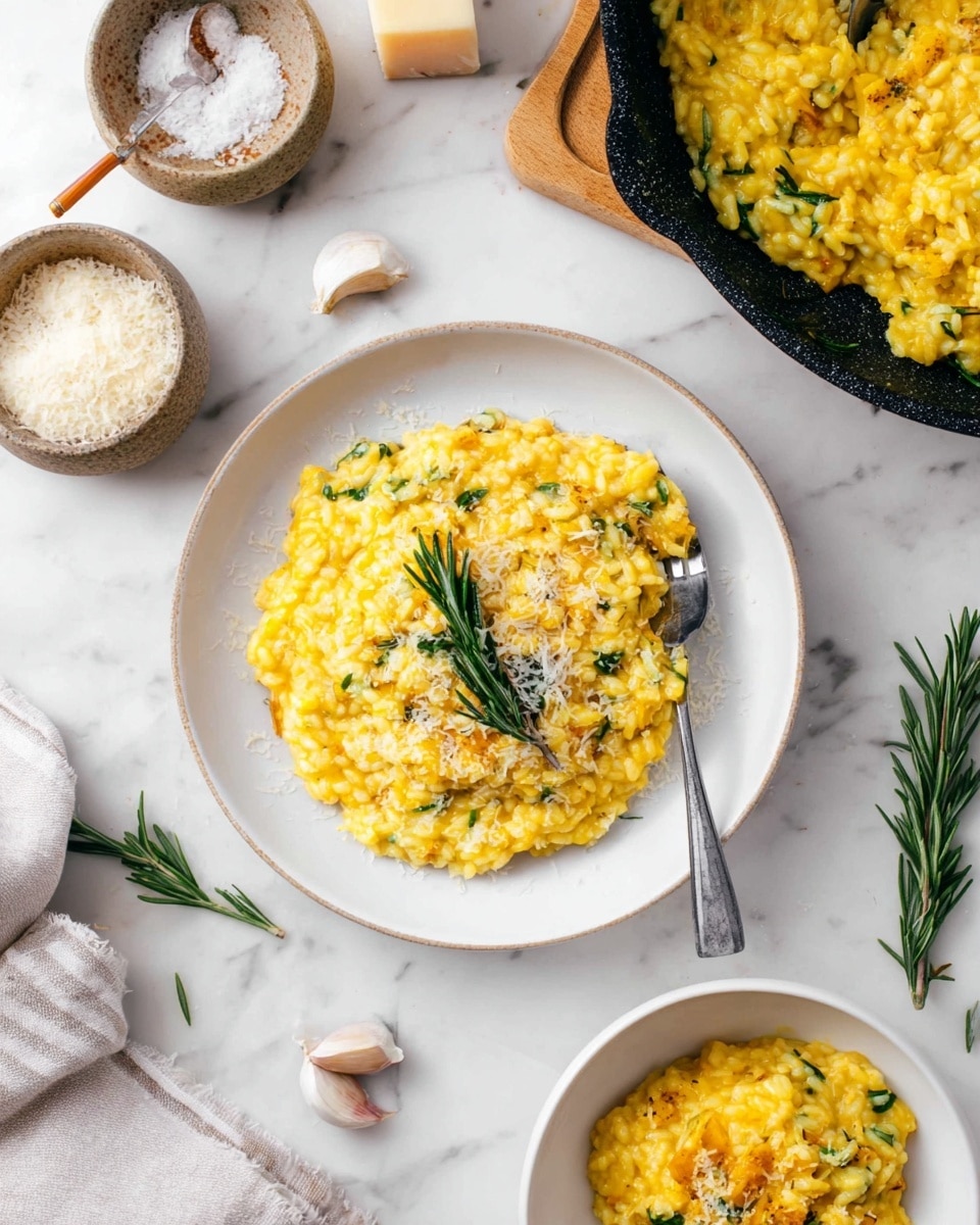 The image shows a close-up of a black pan filled with a creamy orange risotto. The risotto has three main layers: a layer of short, plump white rice grains scattered evenly, mixed with small translucent pieces of onion, a layer of chopped orange vegetables (likely carrots or pumpkin) with chunks of slightly firm texture, and some dark green rosemary sprigs spread on top, adding a touch of fresh green color. A wooden spoon with some rice grains and onions on it is partially dipped into the risotto on the right side. The surface underneath the pan is a white marbled texture. photo taken with an iphone --ar 4:5 --v 7