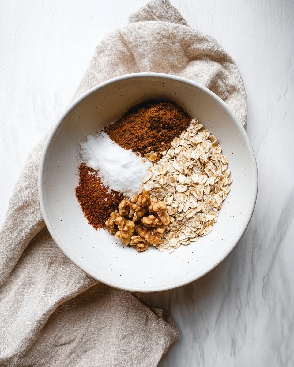 The image shows three white bowls on a white marbled surface with baked peach halves placed on a layer of creamy white yogurt. Each peach half has a golden-brown, crunchy granola topping with small pieces of nuts and oats, and some honey drizzled around. One bowl has a silver spoon inside, scooping some peach and granola combined with the yogurt. A black pan with more baked peach halves topped with granola and syrup rests on a white cloth with lace edges. The warm colors of the peaches, granola, and honey contrast with the smooth white yogurt and plates. Photo taken with an iphone --ar 4:5 --v 7