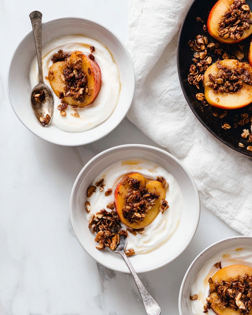 In a white bowl filled with smooth white yogurt spreading evenly across the bottom, there is a baked apple half placed in the middle, its skin red-orange and wrinkled. The apple is hollowed and filled with a crunchy brown nut mixture that looks caramelized. Gold syrup drops are scattered on the yogurt around the apple, and a gold spoon rests partly on the yogurt and partly inside the bowl, shining softly. The bowl is set on a white marbled surface. photo taken with an iphone --ar 4:5 --v 7