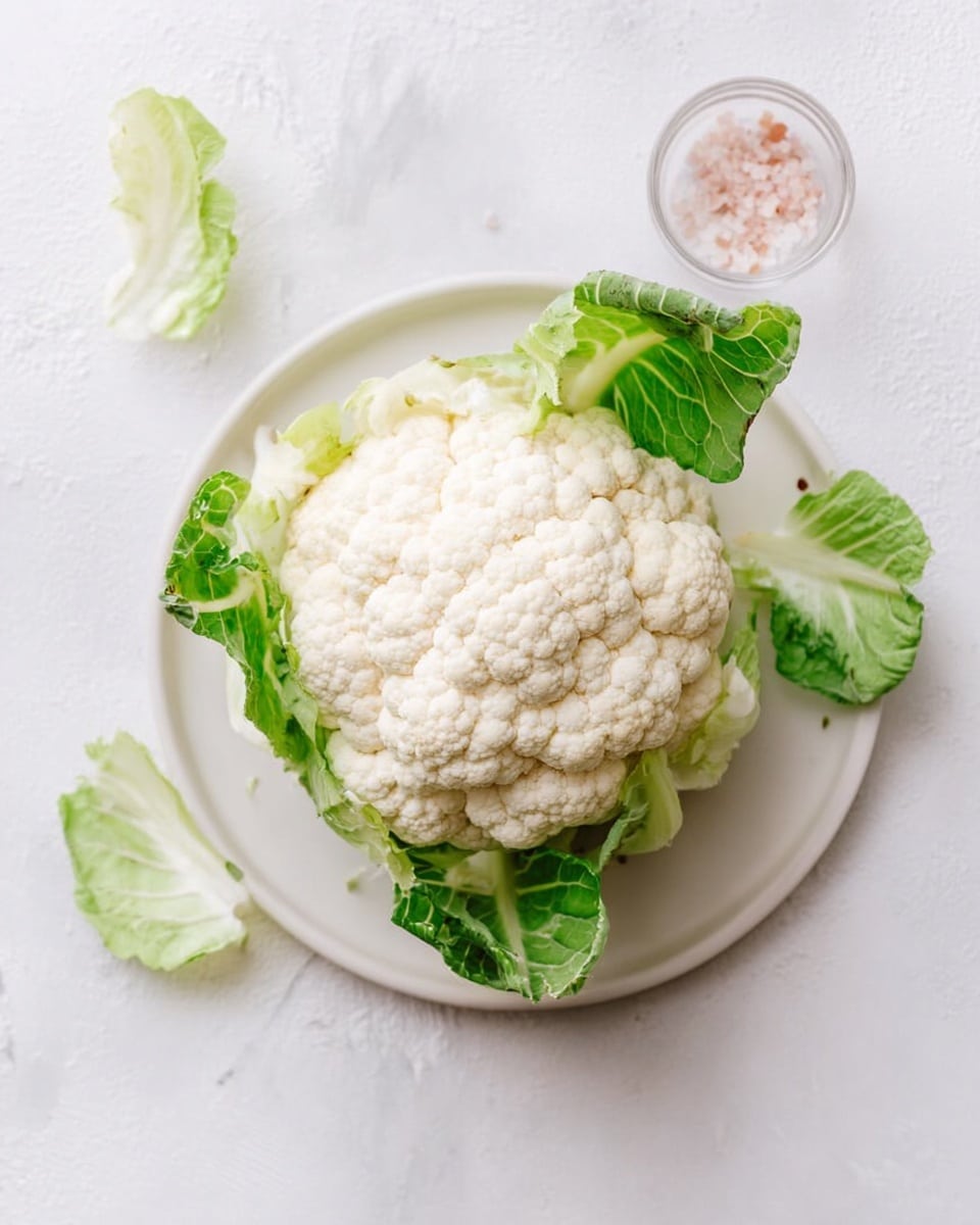 A whole roasted cauliflower sits in the center of a white plate, showing a golden brown outside with some darker charred spots. The cauliflower is topped with a drizzle of creamy white sauce and sprinkled generously with chopped fresh green herbs and small pieces of nuts. The plate rests on a white textured cloth on a white marbled surface. A gold fork is partially visible on the left side. Photo taken with an iphone --ar 4:5 --v 7