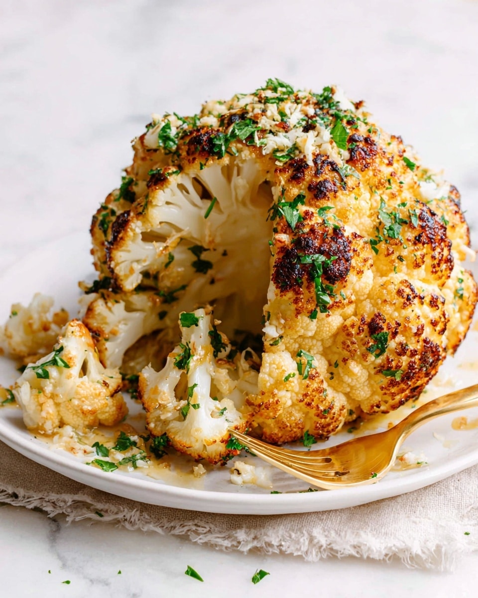 A whole roasted cauliflower sits on a white plate with charred golden brown spots on its curved surface. It is sprinkled with chopped green herbs and small bits of crushed nuts, adding texture and color contrast. Around the main cauliflower, smaller roasted cauliflower florets with similar golden marks and herbs rest on the plate. A gold fork lies beside the cauliflower on the plate, all set against a white marbled surface with soft lighting. photo taken with an iphone --ar 4:5 --v 7