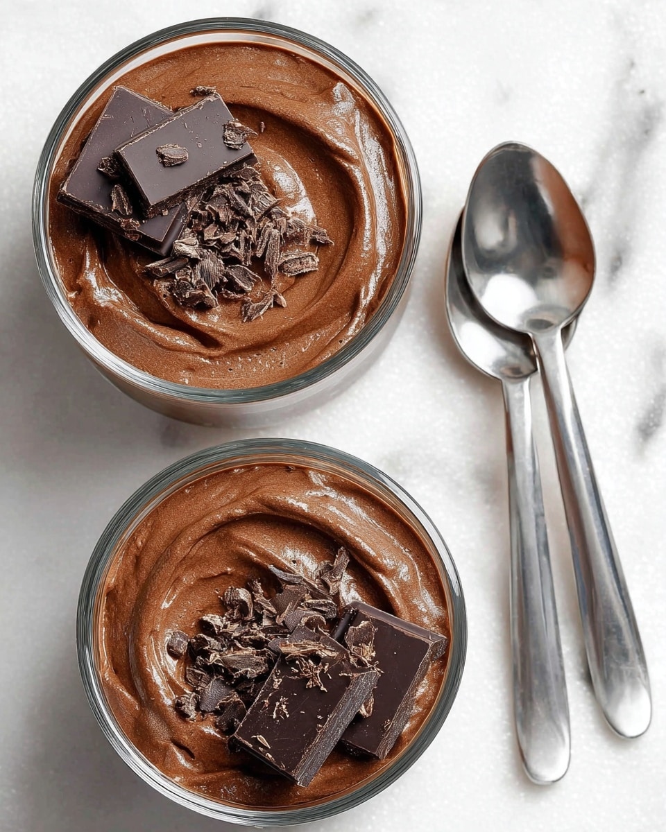 Two small clear glass bowls are filled with smooth, creamy chocolate mousse that has a soft swirl texture on the surface. Each mousse is topped with three solid pieces of dark chocolate and a sprinkle of finely chopped dark chocolate bits on one side. The bowls are placed on a white marbled surface. Next to the bowls are two long silver spoons, side by side. The photo taken with an iphone --ar 4:5 --v 7