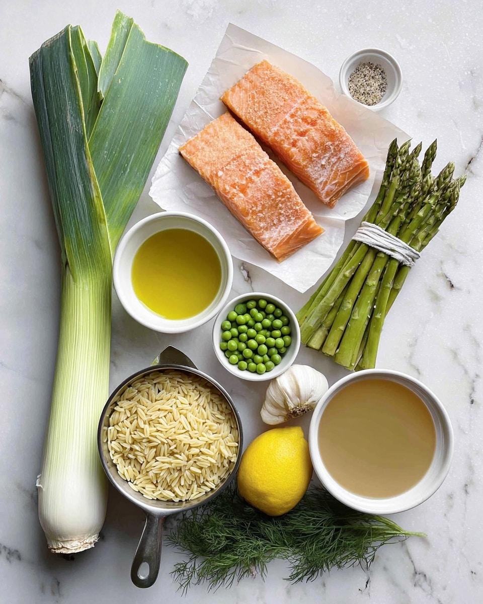 This image shows fresh ingredients on a white marbled surface: one whole leek with light to dark green leaves on the left; a white bowl filled with frozen green peas at the top center; two raw salmon pieces with orange-pink flesh and white lines on white paper to the right of the peas; a tied bunch of green asparagus spears to the far right. Below the peas is a small white bowl with yellow olive oil, and beside it another small white bowl with a mix of salt and black pepper. To the left bottom, a metal measuring cup holds uncooked orzo pasta, and another metal measuring cup filled with creamy white mayo or sauce is below it. A whole bright yellow lemon sits at the center bottom with two garlic cloves beside it, and a sprig of fresh dark green dill is near the lemon on the right. On the far right bottom is a glass bowl filled with light brown broth or stock. Photo taken with an iphone --ar 4:5 --v 7