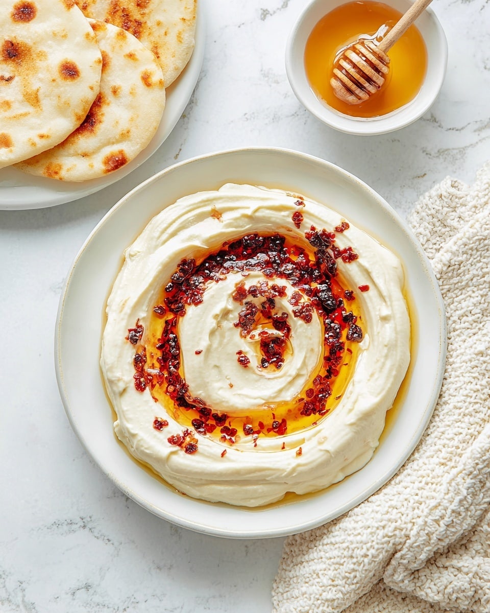 A white bowl filled with a thick, creamy white mashed layer that has a smooth, swirled texture on the top surface. Above the bowl, on the white marbled texture, are two small white bowls; the left one contains a dark reddish sauce with visible chili pieces, and the right one holds a clear golden-yellow liquid. To the bottom left of the main bowl is a chunky knitted white cloth, adding texture to the scene. photo taken with an iphone --ar 4:5 --v 7