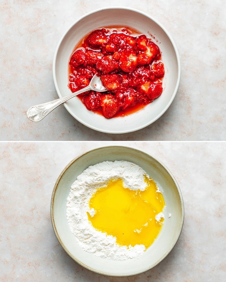 Two images show food items placed in white bowls on a white marbled textured surface. The first bowl contains bright red crushed strawberries soaked in liquid, with a silver fork laying inside, its handle mostly white. The strawberries look juicy and uneven in texture. The second bowl holds flour spread out with a pool of yellow melted butter sitting in the middle, creating a clear contrast between the powdery white and the smooth yellow. Both bowls are round and simple in design. photo taken with an iphone --ar 4:5 --v 7