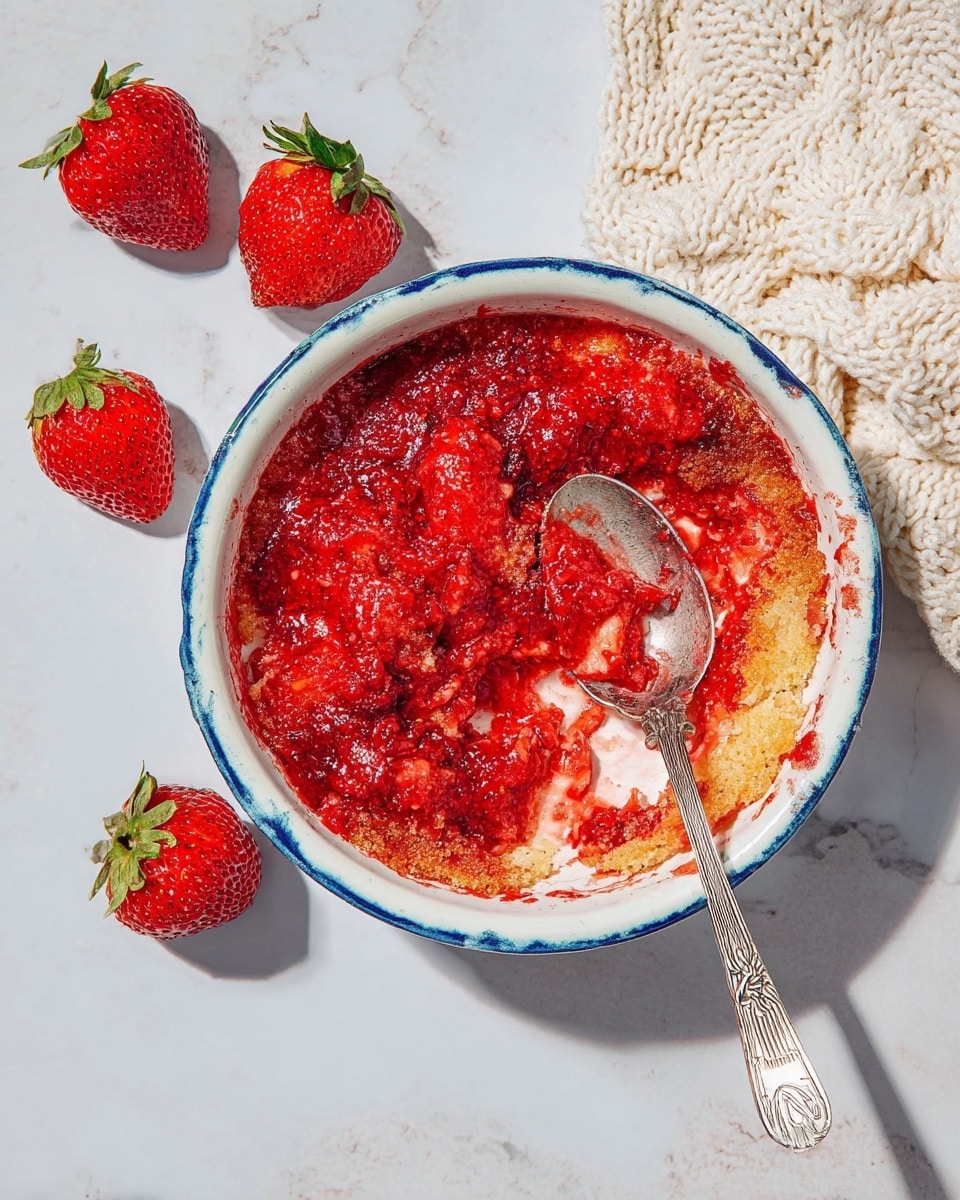 A white bowl with a blue rim holds a strawberry dessert that has around two layers; the top layer is bright red with a rough, textured look from cooked strawberries, and the bottom layer is a soft, golden-brown cake-like base peeking through in spots. A silver spoon with an intricate pattern lies inside the bowl, resting on the dessert with some of the strawberry layer sticking to it. Around the bowl on a white marbled surface are five fresh, bright red strawberries with green tops, and a chunky cream-colored knitted cloth. The scene is bright with natural light and clear shadows. photo taken with an iphone --ar 4:5 --v 7
